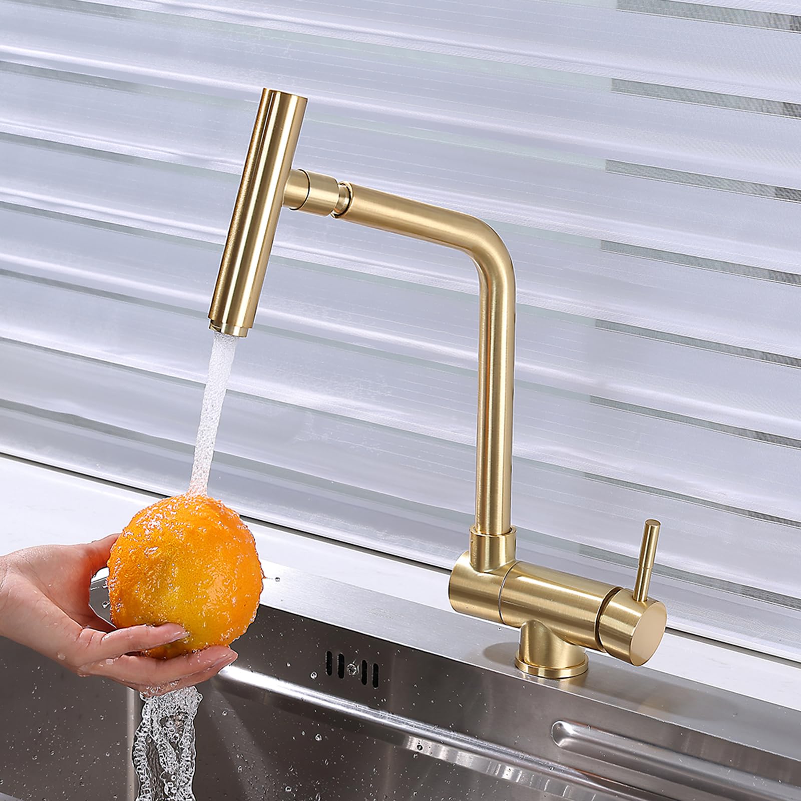 XJTNLB Grifo Cocina Abatible Dorado Cepillado Grifo Monomando Cocina, Mezclador de Fregadero con Caño Flexible