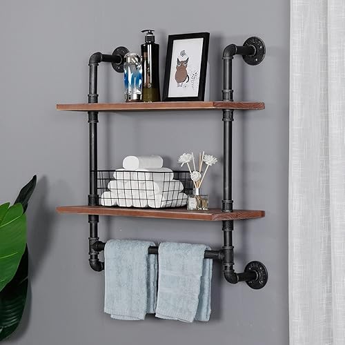 Miniatura 8 de SSS Furniture Estante industrial de tubería para baño, estantes de pared montados en la pared, 2 niveles de 19.6 pulgadas de madera rústica,