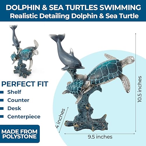 Miniatura 2 de Estatua de tortugas de delfín nadando sobre una base de arrecife de coral, decoración de 2 tortugas para mesa del hogar