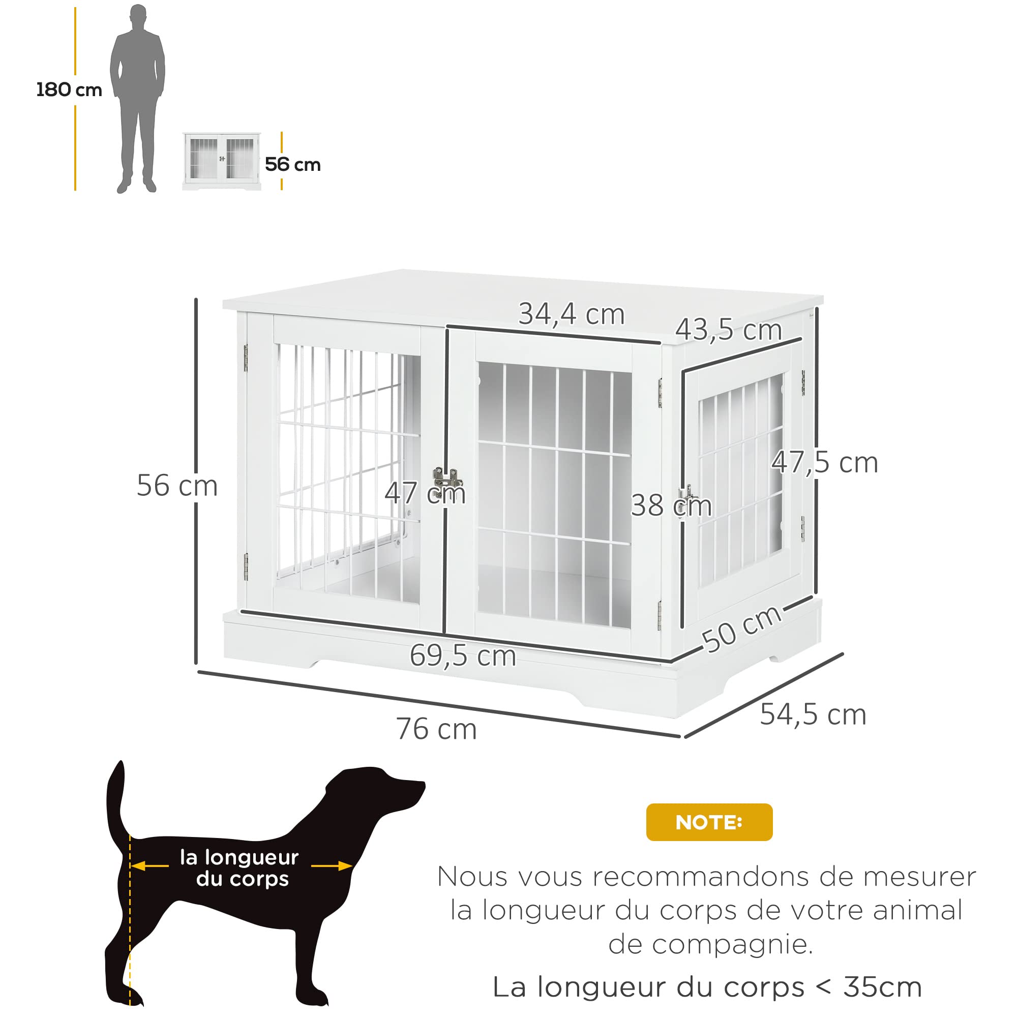 PawHut Cage pour Chien Animaux 2 en 1 Table d'appoint Meuble Cage Chien intérieur avec 2 Portes verrouillables - dim. 76L x 54.5l x 56H cm - Métal et MDF