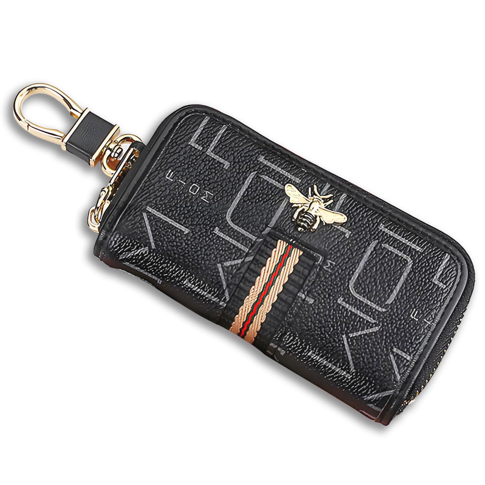 HIAHXC Car Key Case Multifunctional key fob cover Zipper Closure Keychain Pouch Leather Car Key Fob Case with Metal Hook for Men Women (Black)