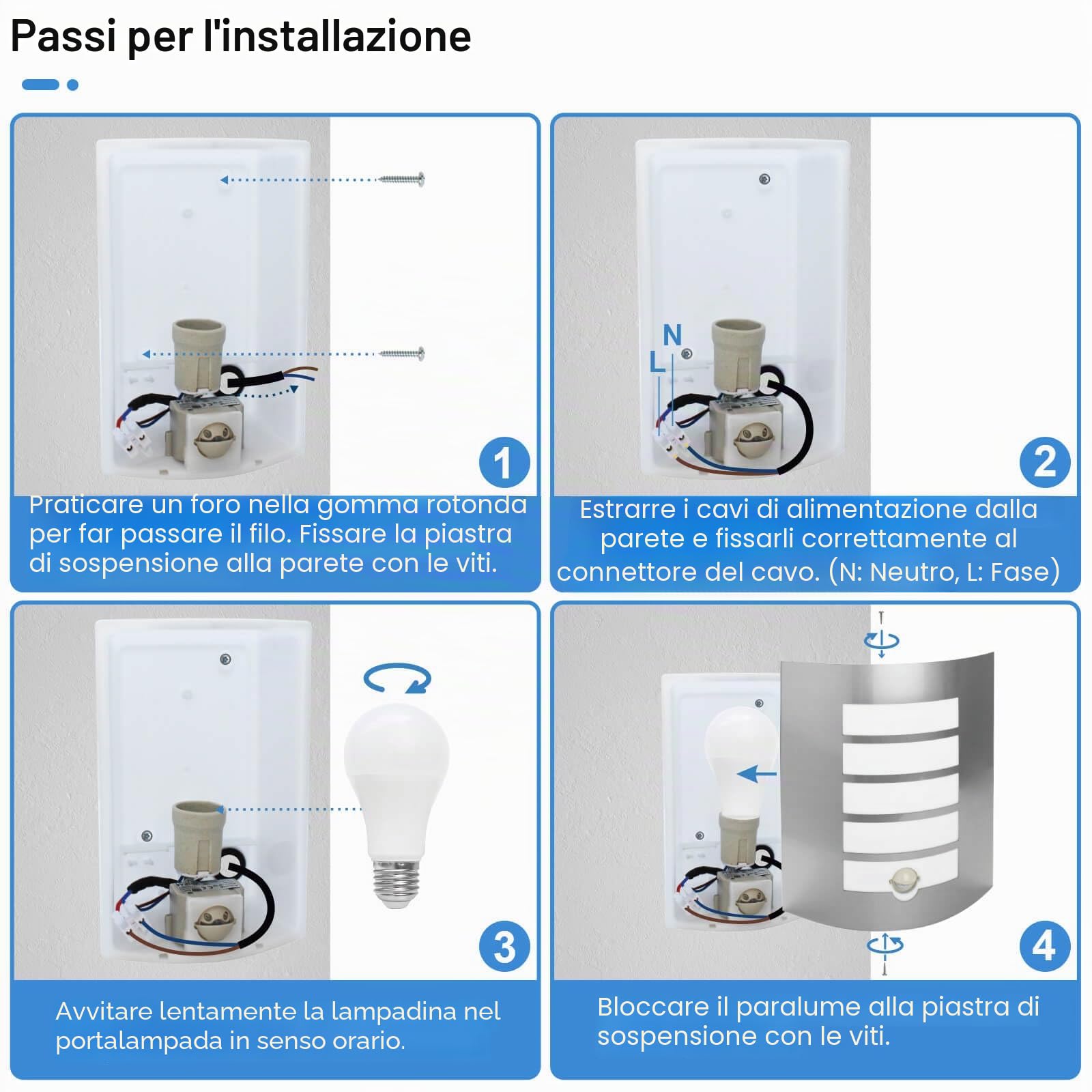 Applique da Esterno/Interno LED con Sensore di Movimento E27,Luce Caldo 12W 1200lm,Lampada da Parete Esterno IP44 Moderno Acciaio Inox ABS per Scala,Corridoio,Balcone,Villa bagno