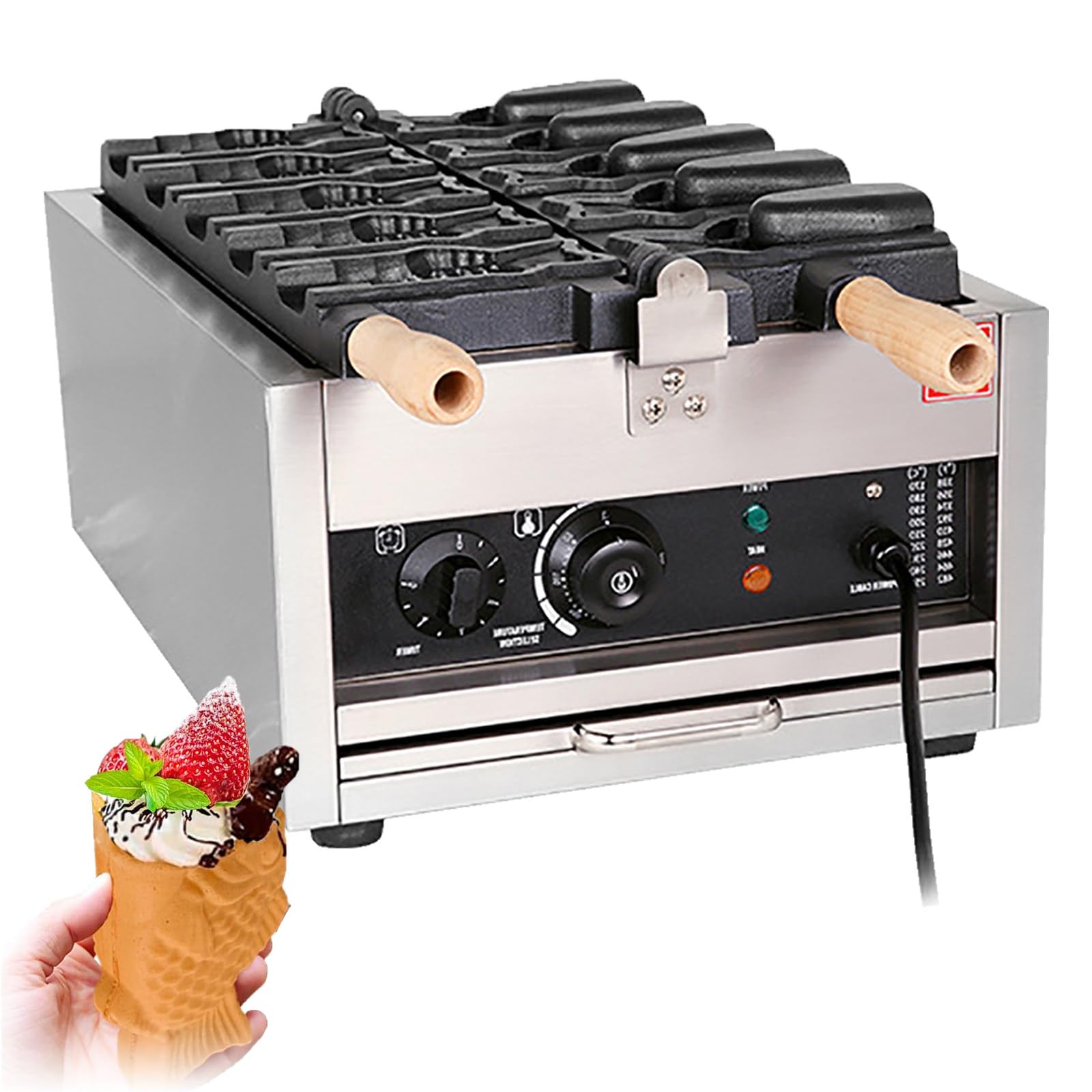 YXYLJOZ Commercial Taiyakis Fish Waffle Maker - Non-Stick Teflons, Adjustable 50-300℃, Ideals for Jam/Ice Cream, Large Capacity Stainless Steel, Perfects for Cafes & Restaurants (Style3)