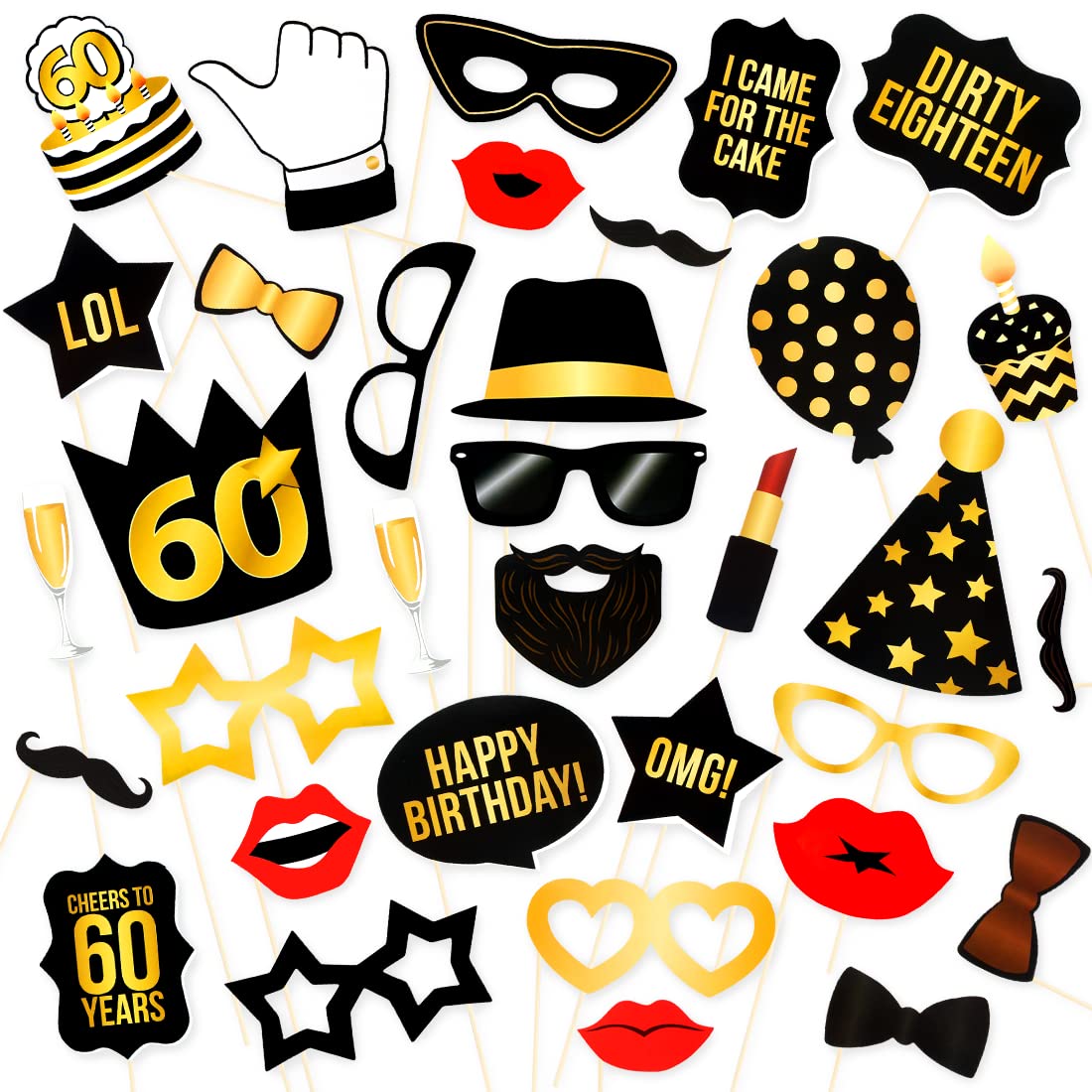 Photocall 60 Cumpleaños, 34 Piezas Photo Booth Props Cumpleaños 60 Años, 60th Foto Prop Cumpleaños Decoraciones Negro y Dorado Accesorios Photocall Cumpleaños Foto Prop para Fiestas y Cumpleaños