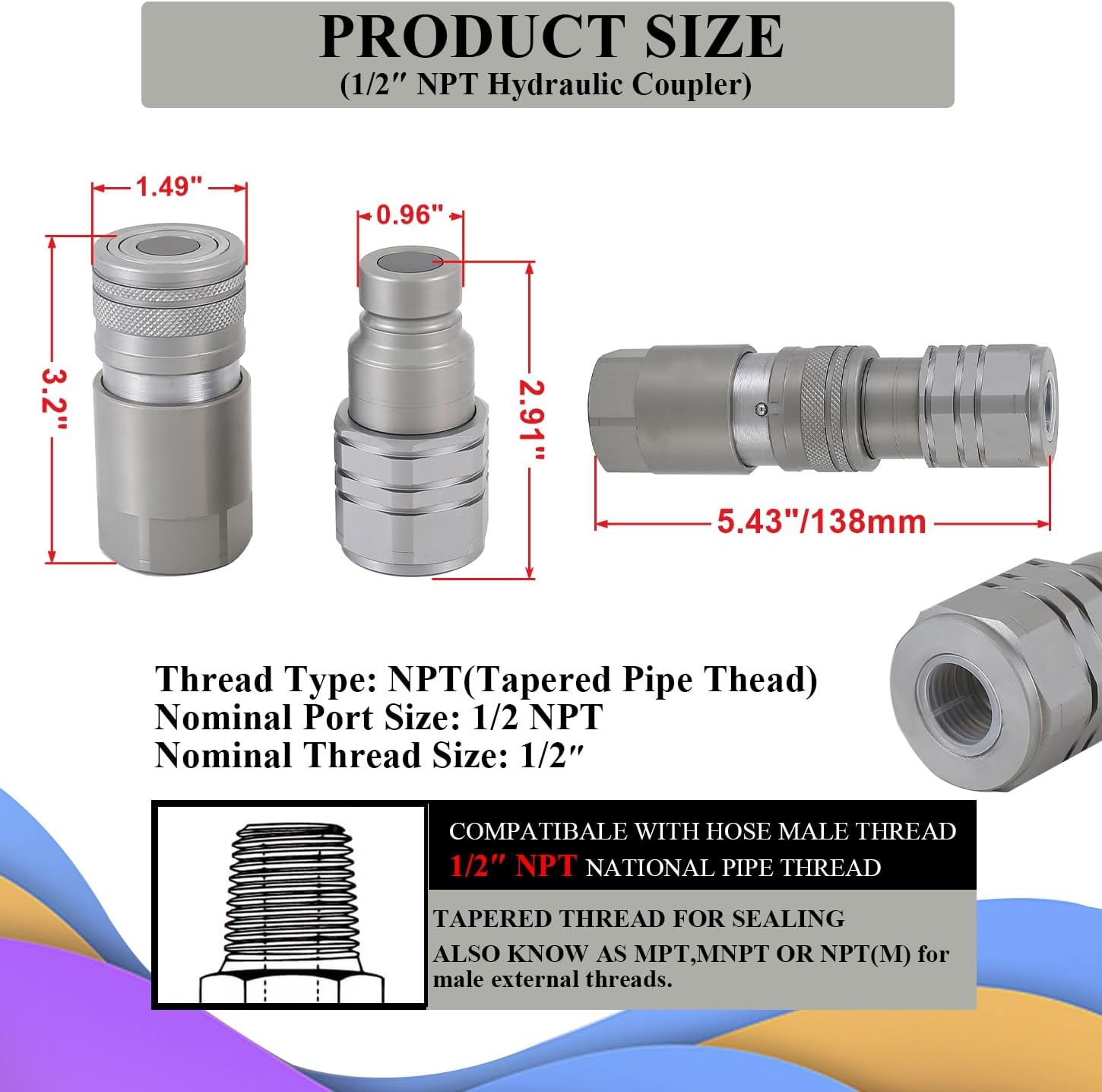 1/2" NPT Hydraulic Coupler Quick Connect Flat Face Connector Fitting Compatible With Bobcat Skid Steer(ISO 16028)