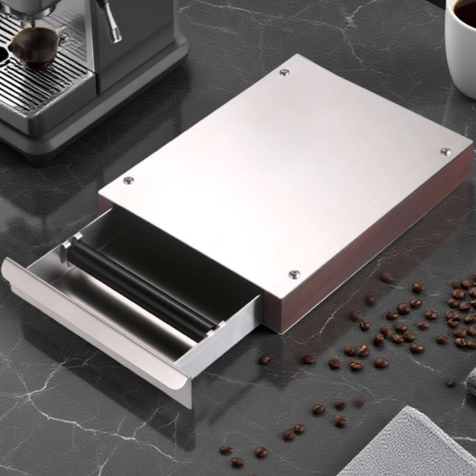 MagiDeal Contenedor de Posos de Café Caja de Posos Cajón Depósito Portafiltros Golpeo de Café en Estructura de Madera y Acero Diseño Rectangular Compacto, Nogal + Negro