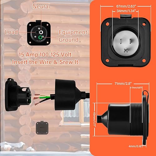 Miniatura 5 de WELLUCK Entrada con brida de 15 amperios de 125 V, NEMA 5-15 Enchufe de entrada de alimentación de tierra RV con impermeable y cubierta trasera,