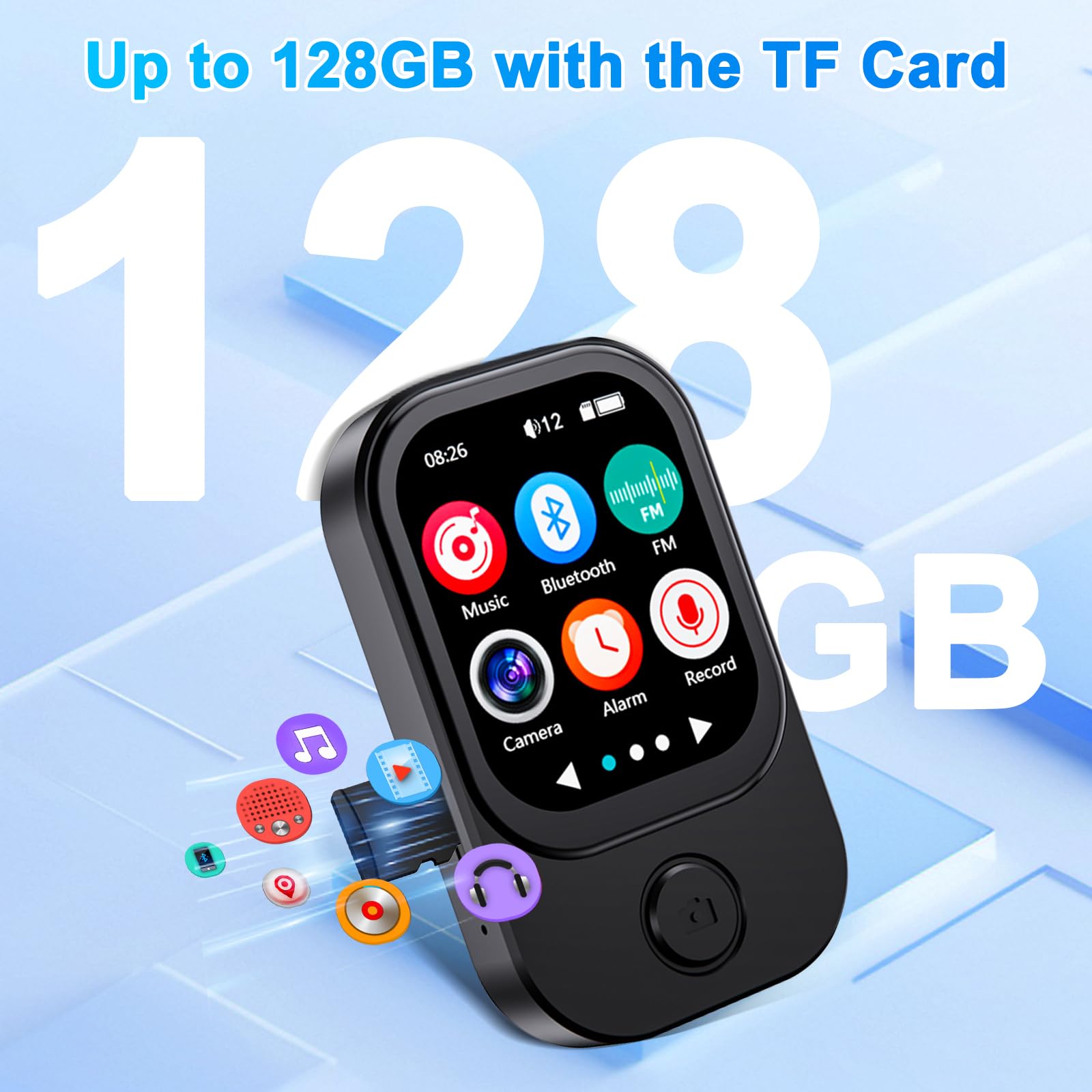 Gueray 64GB Mini Lettore MP3 con Fotocamera Bluetooth 5.3 Lettore Musicale con Altoparlante Schermo Tattile Supporto FM Radio Registratore Vocale Video Allarme Funzione E-book Scheda TF