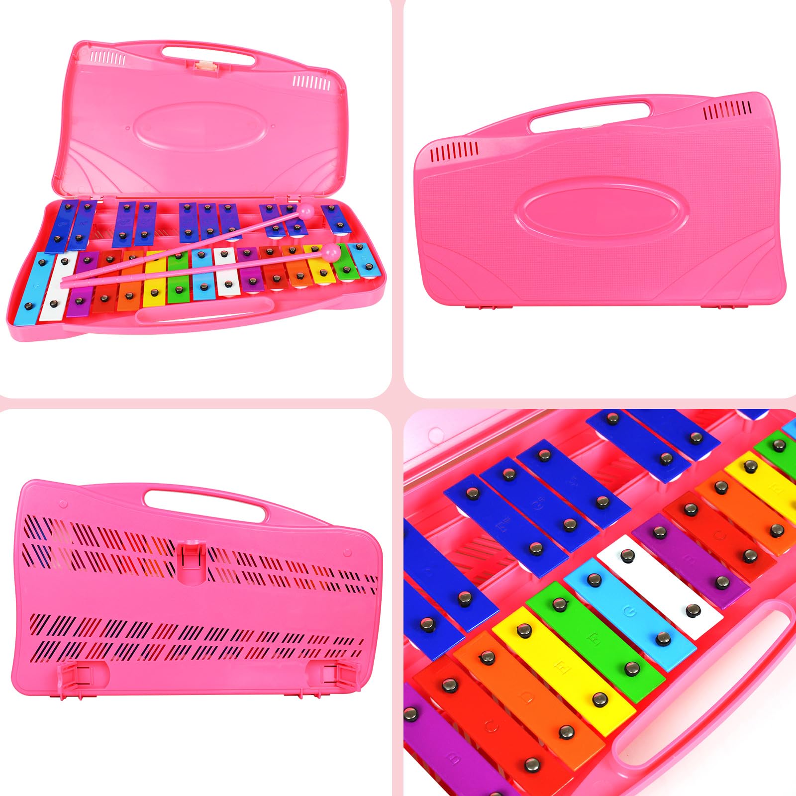 Glockenspiel - Xilófono - 25 notas coloridas teclas metálicas con mazos, instrumento musical de percusión, enseñanza de música educativa para principiantes, rosa