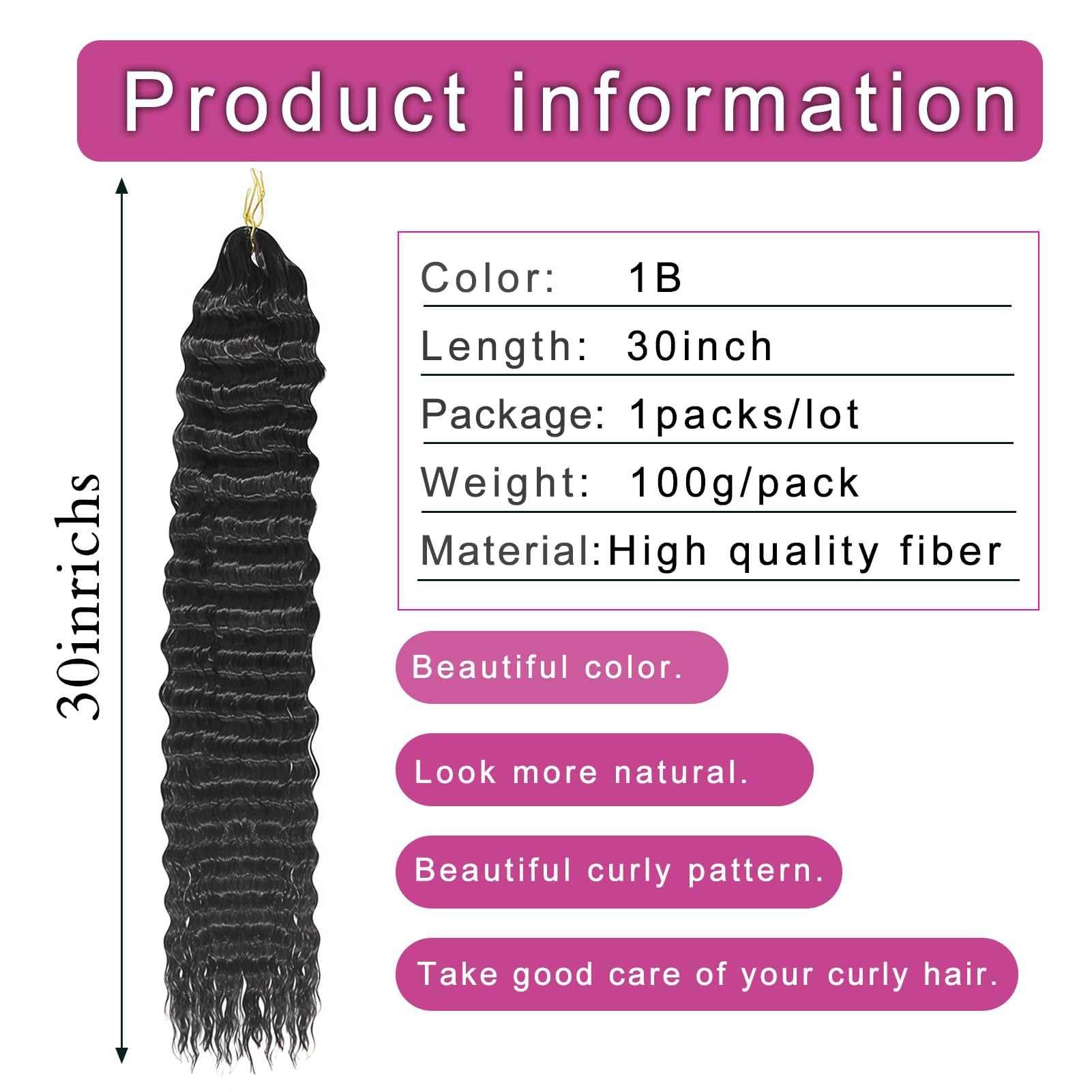 HRCOYES Curly Braiding Hair 30 Inch, Ocean Wave Crochet Hair, Extensions Synthetic Curly Crochet Hair For Black Women Girls (1B#) - Image 2