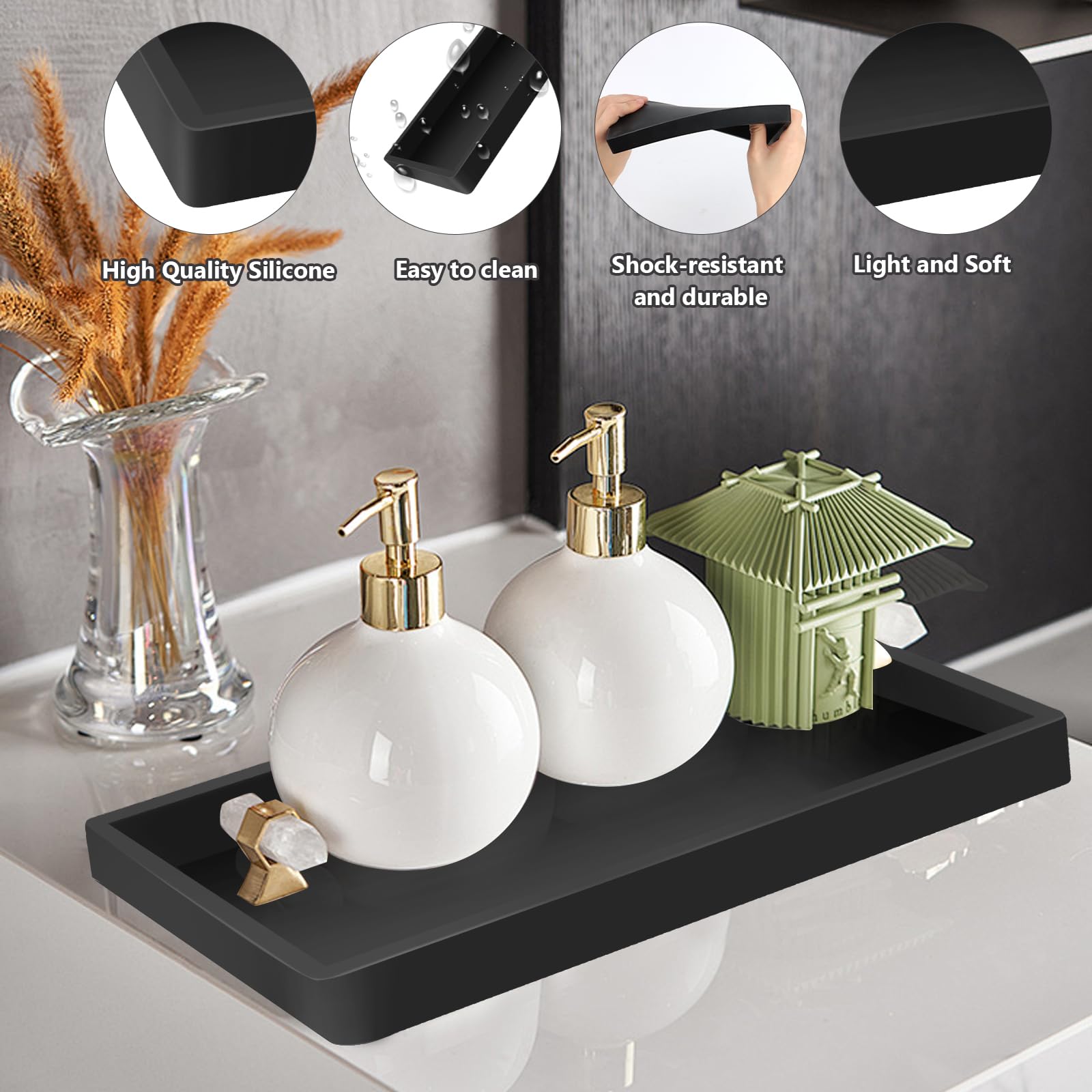 2 Vassoi Da Bagno In Silicone Nero - 20x10cm, Portaoggetti Per Cosmetici, Cucina O Bagno - Design Moderno - Foto 11