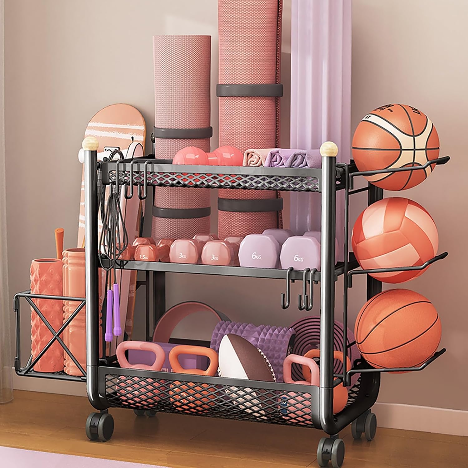 Support de rangement pour gymnase à domicile mobile avec cage à balles