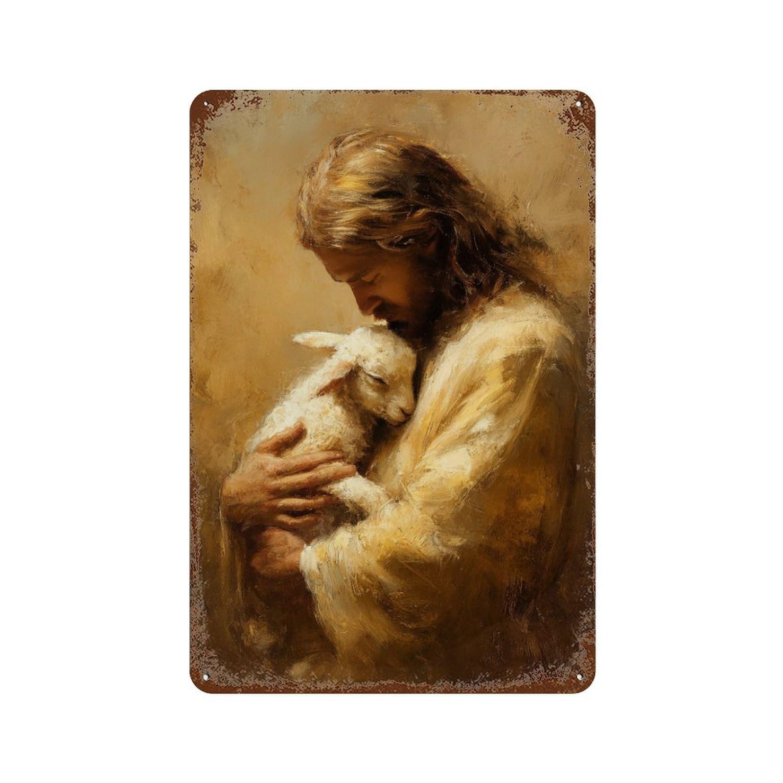 Jesus Holding Lamb Painting-5 11.8"x7.9" Aged Metal Wall Plaque, Classic Wall Plaque for Pub, Kitchen And Man Cave Decor