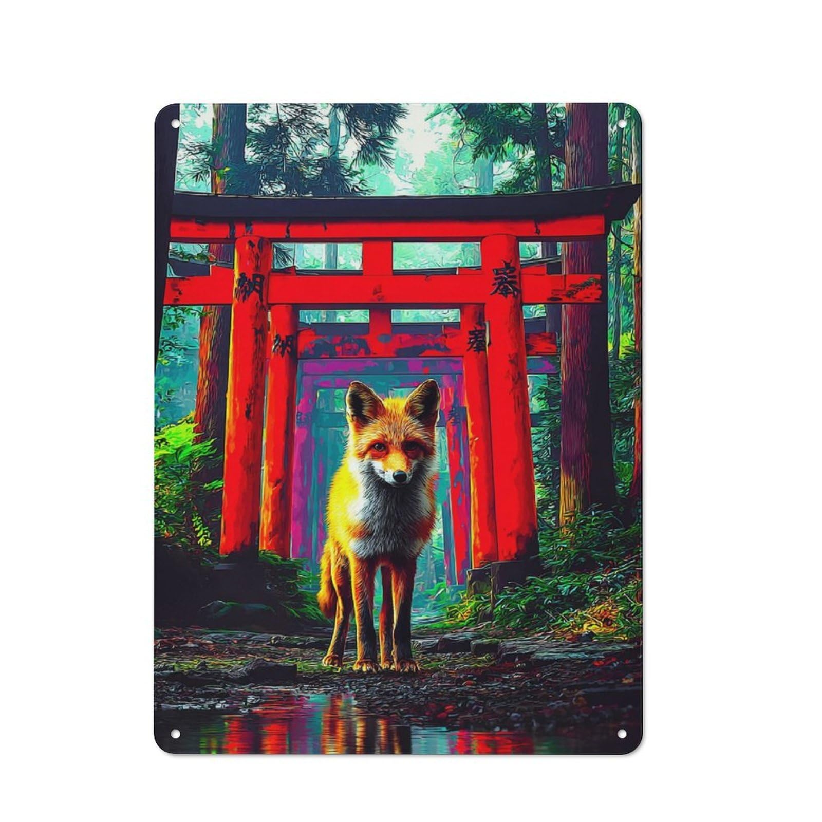 Junmoney Fox In Front Of Torii Gate Tin Sign With Design 40X30cm, Vintage Workshop Wall Decor For Tool Room, Garage, Studio Or Home Bar