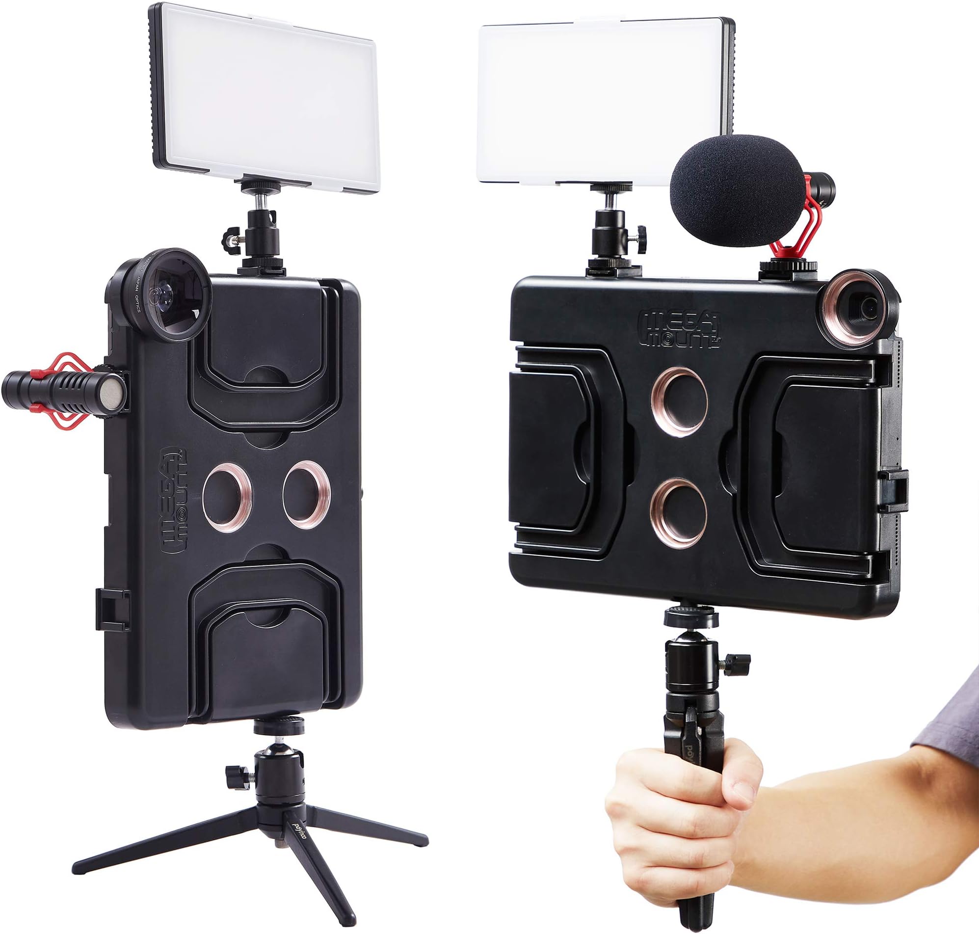 MegaMount Multimedia Rig Stabilizer for Apple iPad Air 4 and iPad Pro 11" Latest 2021 3rd Gen, 2020 2nd Gen and 2018 1st Gen. Attach Lenses Lights Mics Video Recording. Mounts on Tripod and Monopod