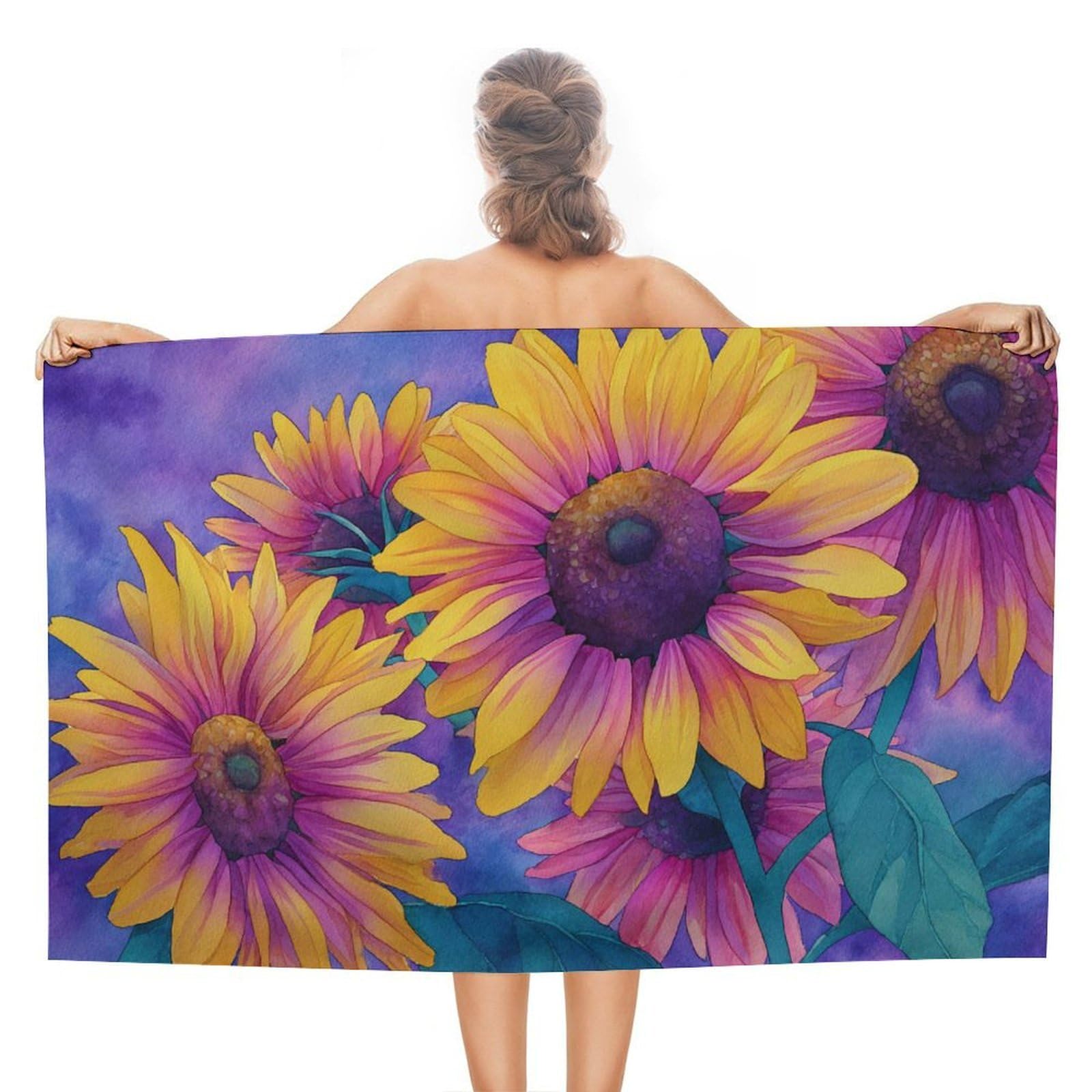 asbwuo Watercolor Vibrant Sunflowers on Lavender Beach Towel