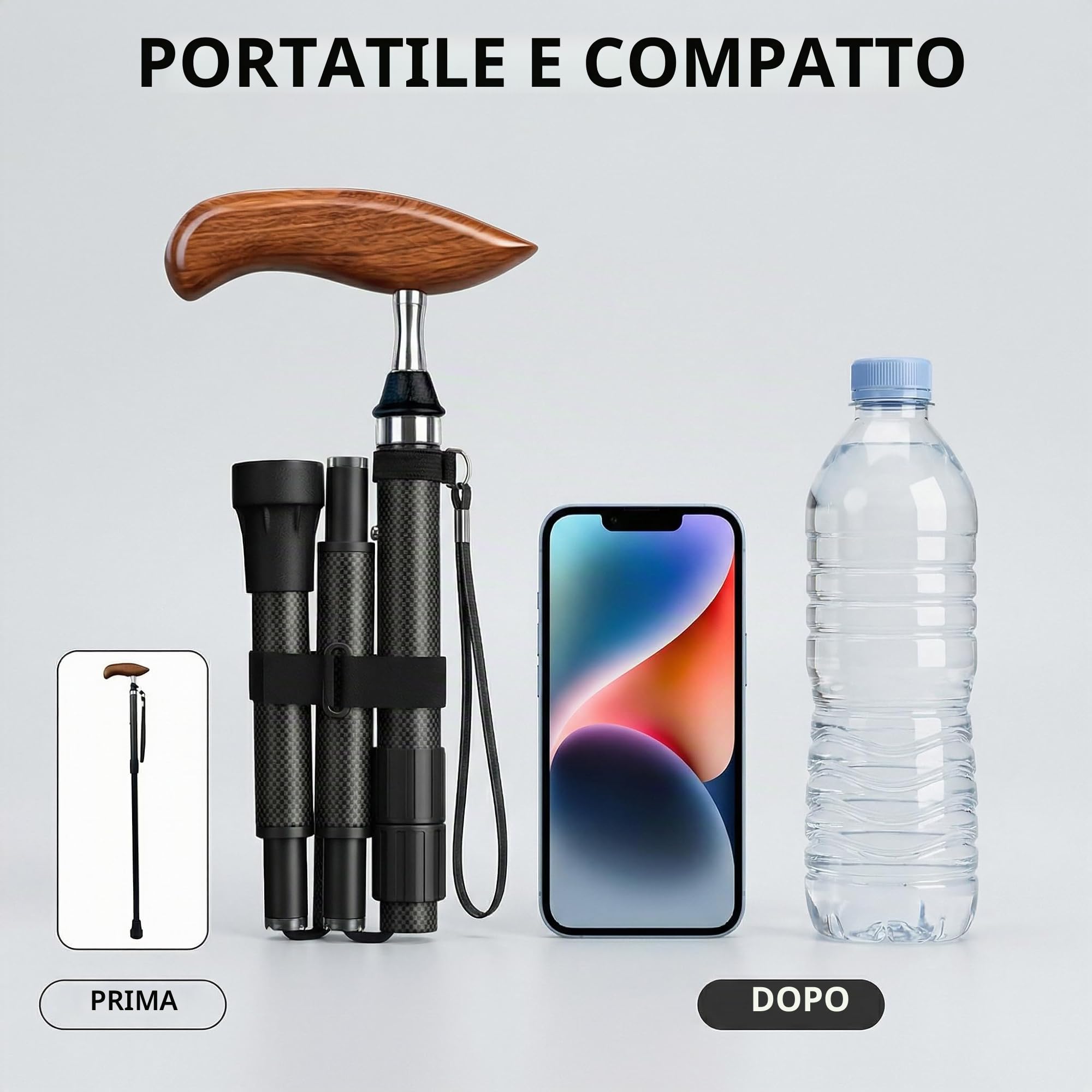 bastone per anziani, bastone da passeggio elegante con manico in legno naturale, bastone pieghevole regolabile 85–95 cm, struttura in carbon fiber