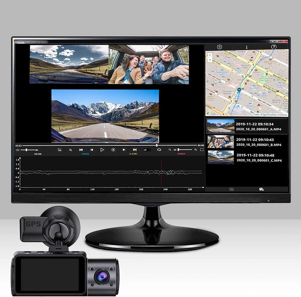 Screenshot of the Vantrue Player Software interface showing video playback, map, and GPS data.
