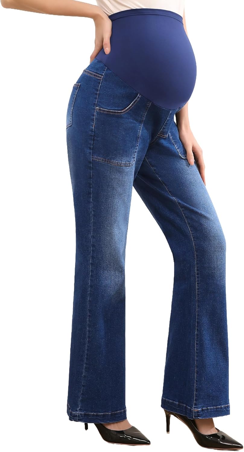 Women's Maternity Flare Jeans High-Waist Stretchy Over Belly Bootcut Denim Pregnancy Pants with Patch Pockets