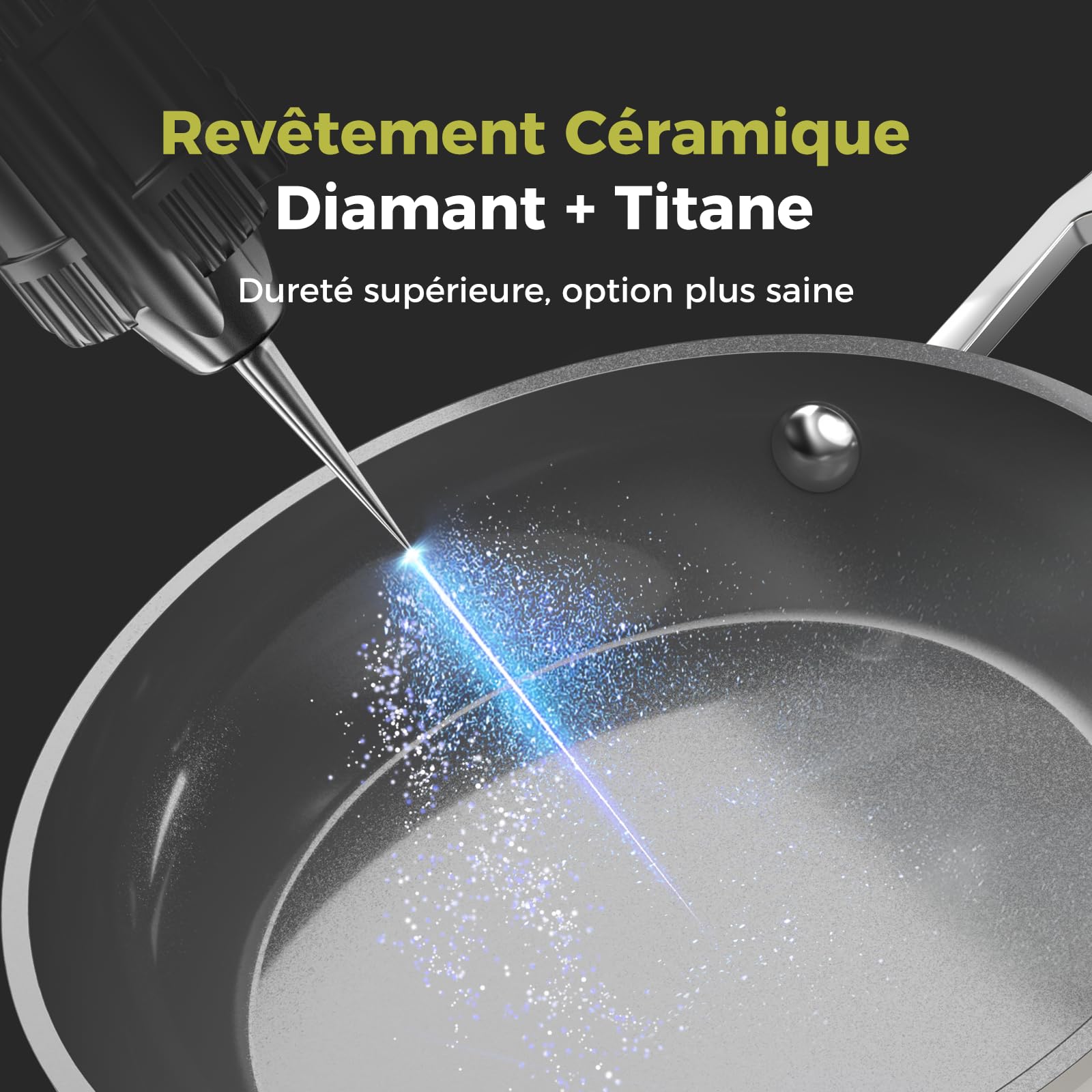 Set de 3 Poêles en Céramique Diamant Titane (20+24+28 cm) - Revêtement Antiadhésif Sans PTFE/PFOA/PFAS - Poignée Restant Froide - Compatible Induction & Four - Lave-Vaisselle -Blanc Laiteux