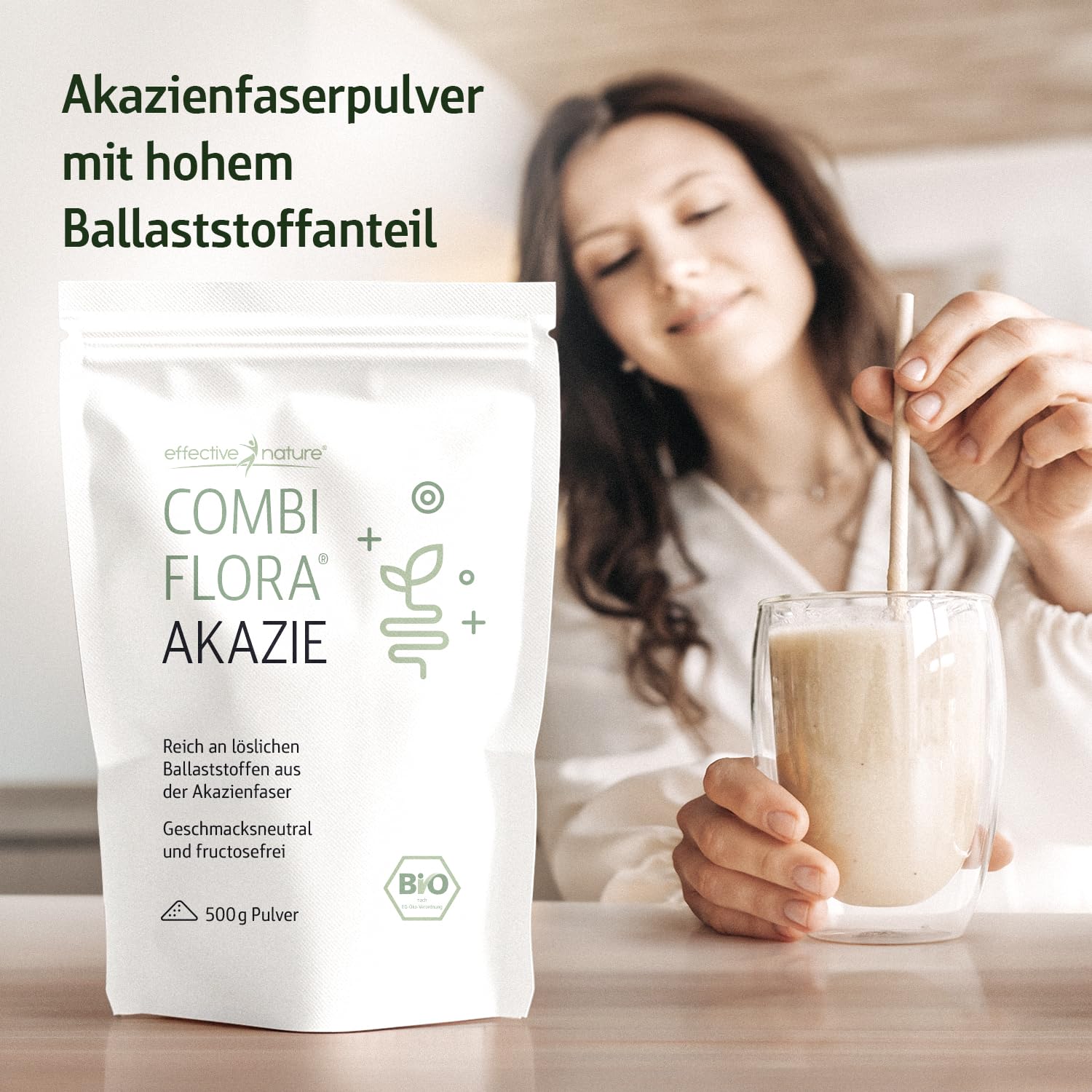 Effective Nature Akazienfaser Pulver Bio - 500 g - 80% Ballaststoffanteil - Bio-zertifiziert & Natürlich rein - ohne Zusätze