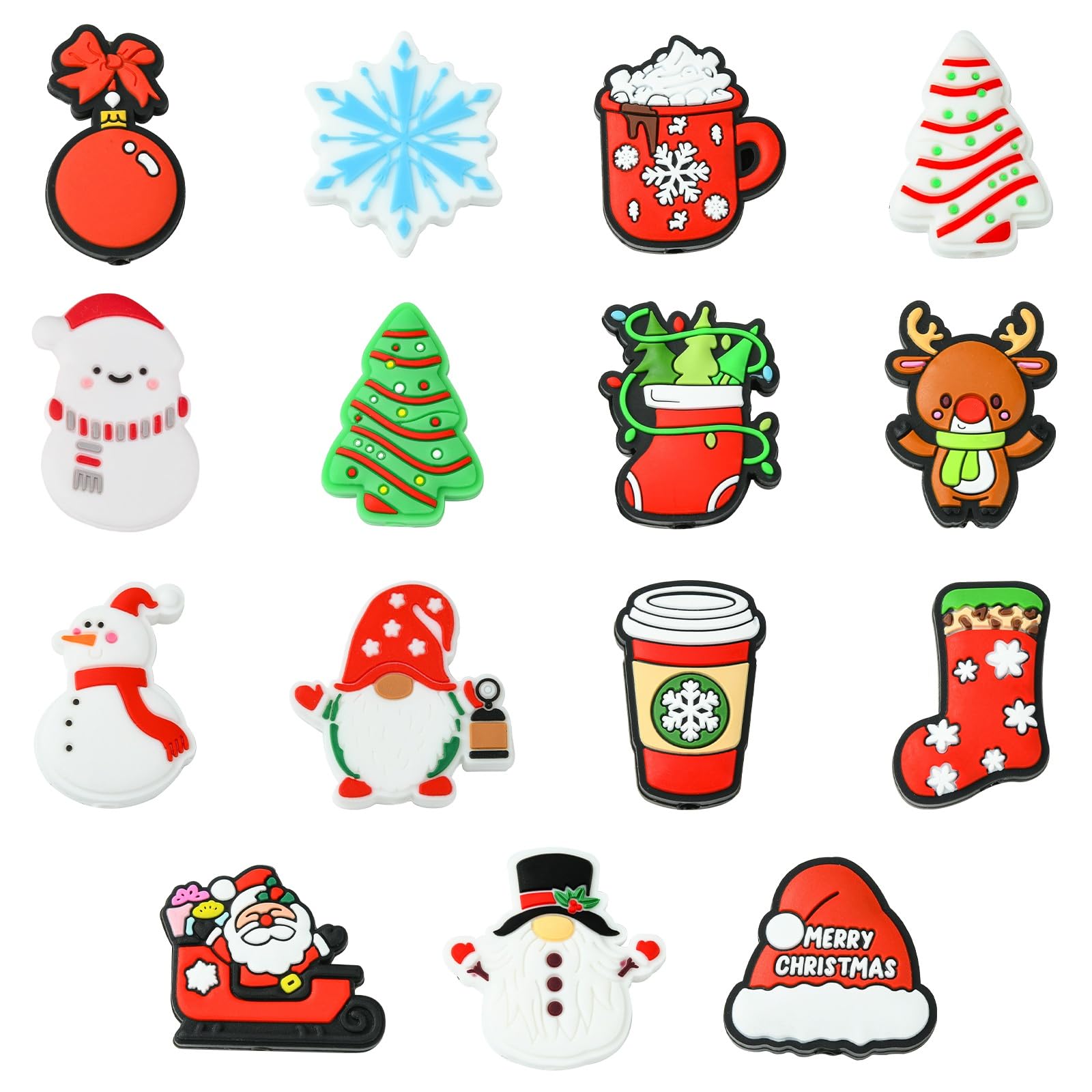 UR URLIFEHALL 15 Pcs 15 Styles Silicone Beads Colourful Santa Claus Tree Drink Silicone Focal Beads for Pens Keychain Lanyard Decorative Craft