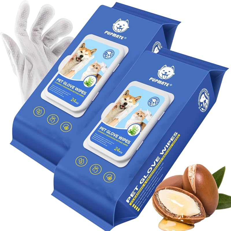 Lenços de Higiene em Formato de Luva PUPMATE para Cães e Gatos, Extra Grossos, Sem Enxágue, 48 Unidades