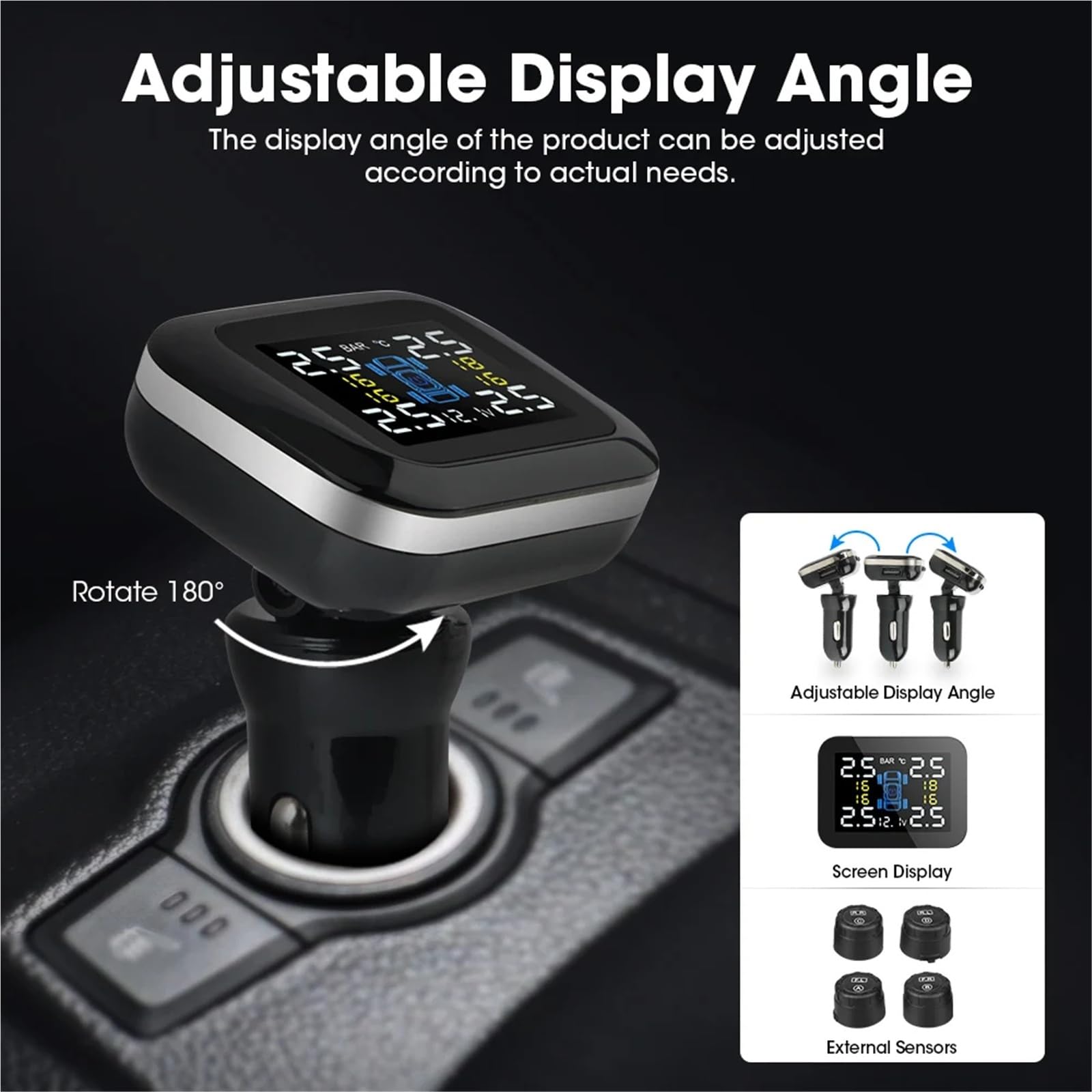 Sistema de Alarma neumáticos TPMS Digital USB Universal inalámbrico con 4 sensores internos externos for Encendedor Cigarrillos Coche(Internal sensors,TY02)