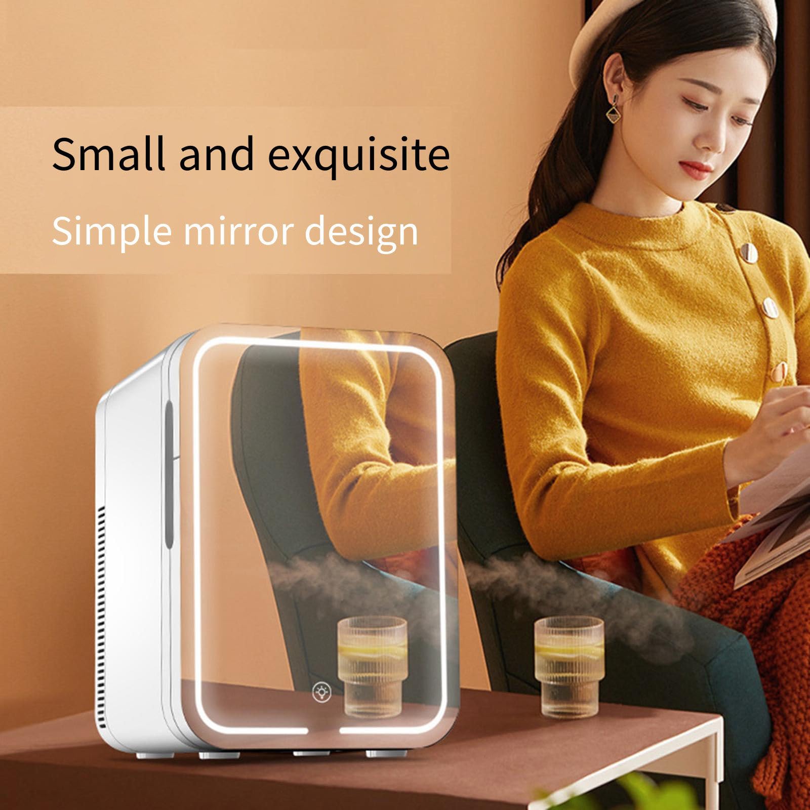 Mini refrigerador para el cuidado de la piel con espejo LED regulable, refrigerador y calentador de 10 l/6 para cosméticos, belleza, alimentos