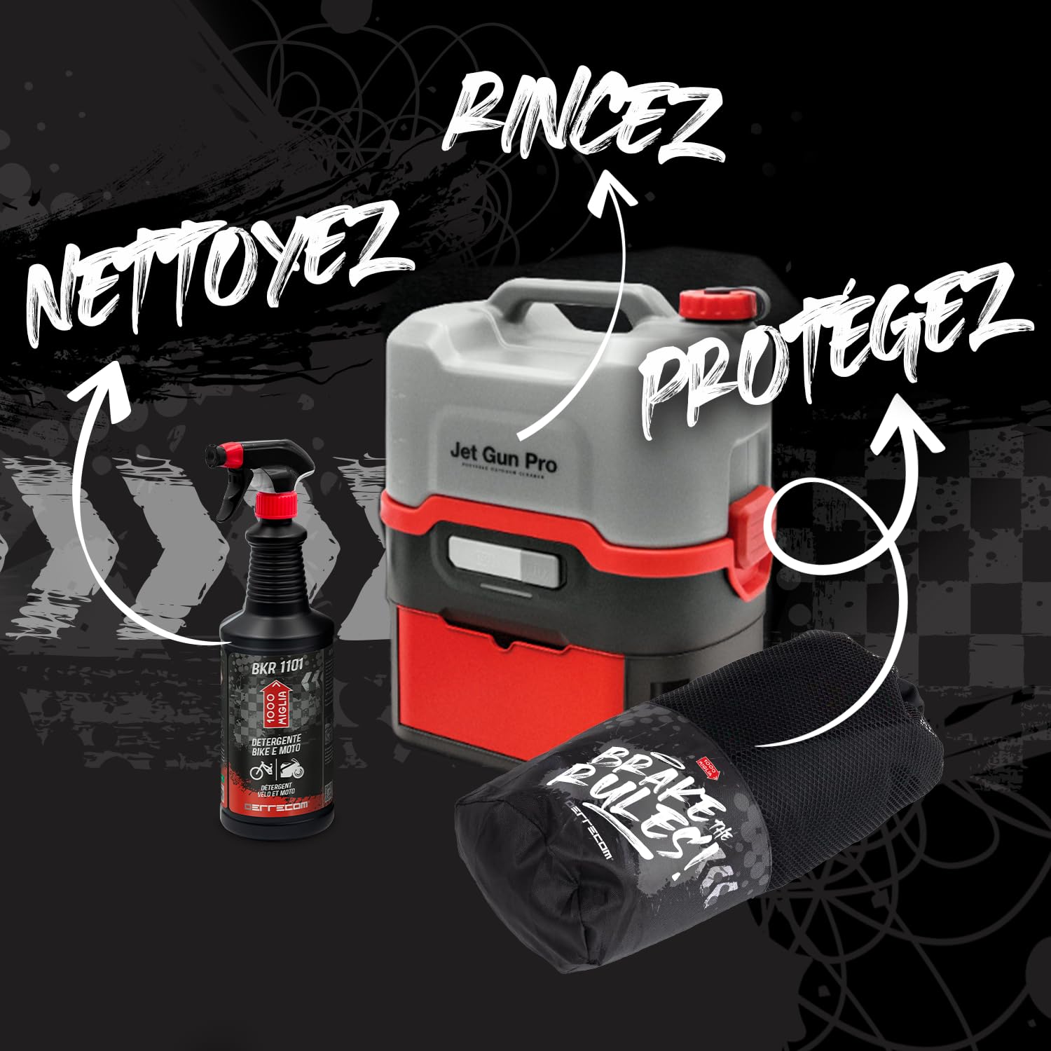 Errecom Kit Nettoyage Vélo : JET GUN PRO+ Nettoyeur Haute Pression Portable à Batterie Réservoir Eau 8 L, BKR 1101 Détergent Spray Bike 1L, Bike Cover Protection pour Transport et Stockage