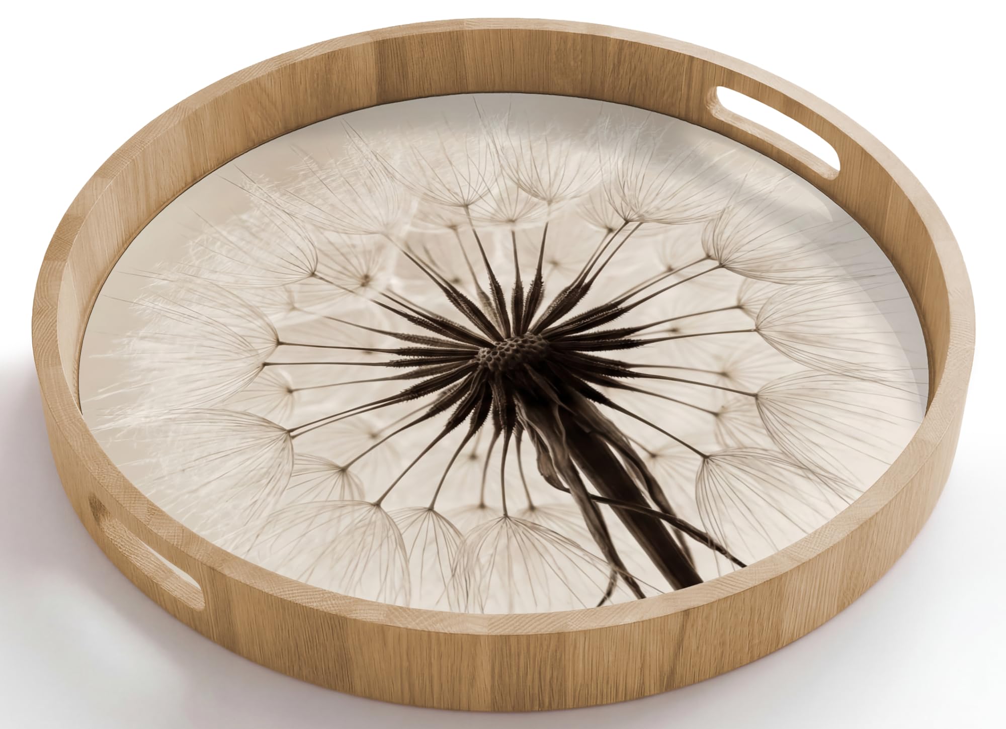 Tablett Rund 50x50 cm Serviertablett rutschfest Griff Küchentablett Servierplatte Eiche Holztablett Hitzebeständig Kaffeetablett Pusteblume - Minimalistisch - Weiß