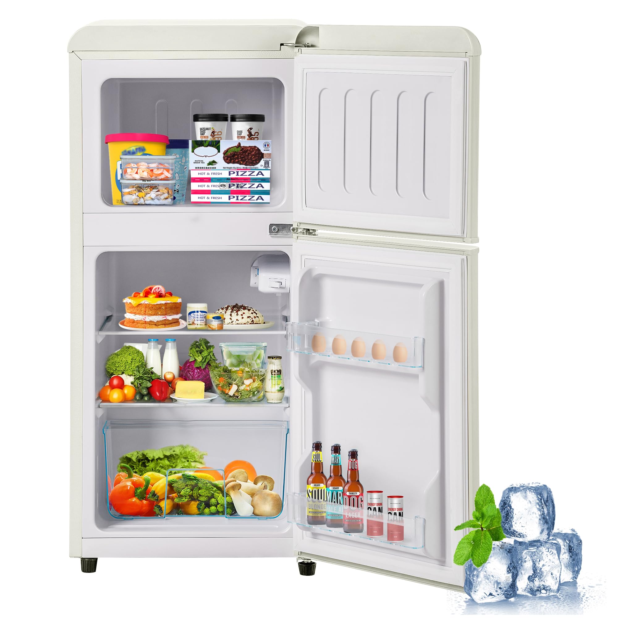 Kompaktowa lodówka retro z zamrażarką, całkowita pojemność 60 l (zamrażarka 22 l / komora chłodząca 38 l), klasa energetyczna E, kremowo-biała, wysokość 88,8 cm, cicha 45 dB, 7