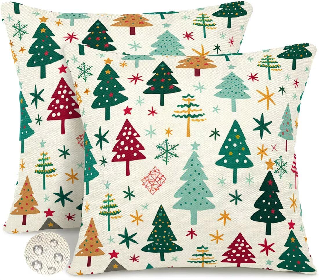 Wangllpgy Xmas Outdoor Cushions 35Cm X 35Cm Set Of 2 Waterproof Cushion Covers Christmas Tree Garden Cushions Summer Decorative Pillows Throw Pillow Covers Double-Sided For Outdoor Patio Garden Sofa -Gy474