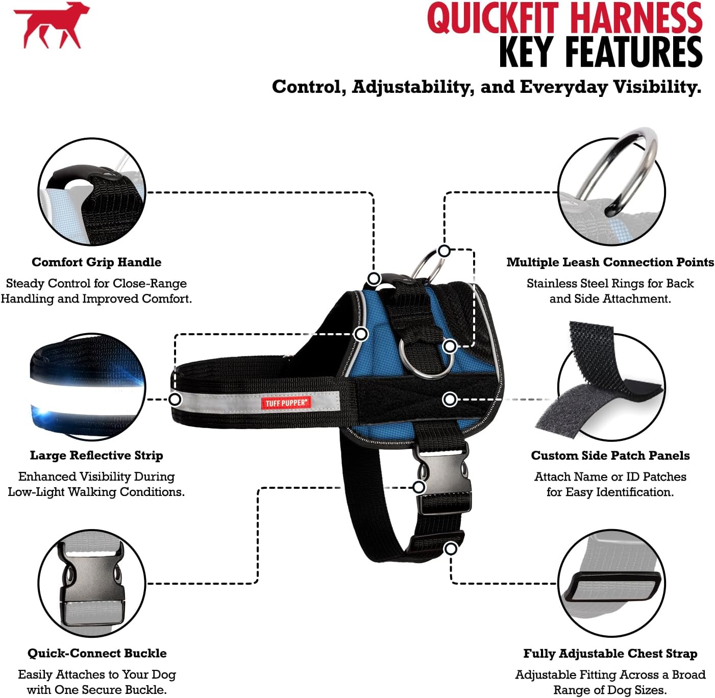 Tuff Pupper Fast Fit Harness for Extra Large Dogs | No Pull No Choke, Escape-Proof | Rugged Padded Breathable Vest | Traffic Control Handle | 3 Leash Clips | Reflective Trim | Easy On Off (XL, Blue)