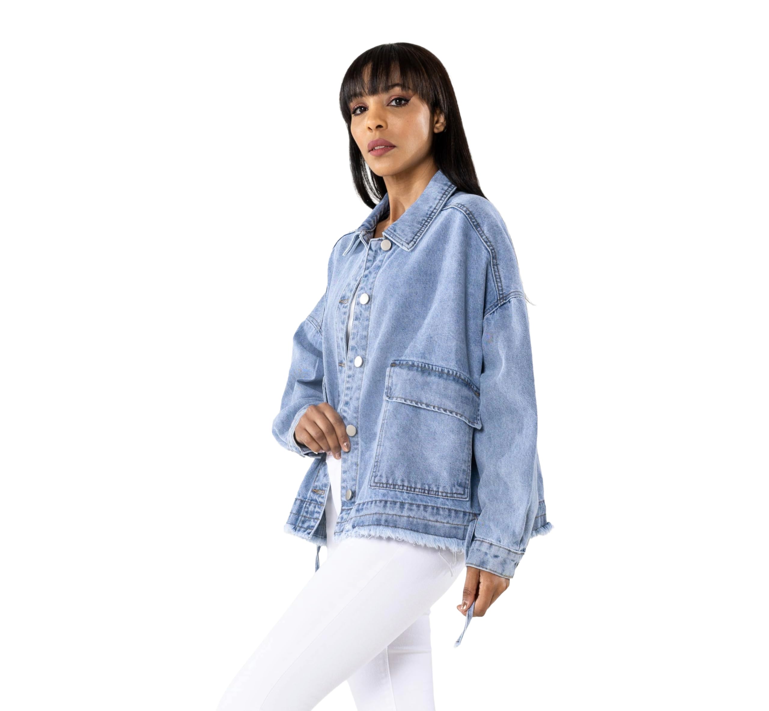 Nina Carter Damen Oversized Jeansjacke – Lockere Denim Jacke mit Knopfleiste und großer Tasche, Casual Übergangsjacke für Frühling und Herbst