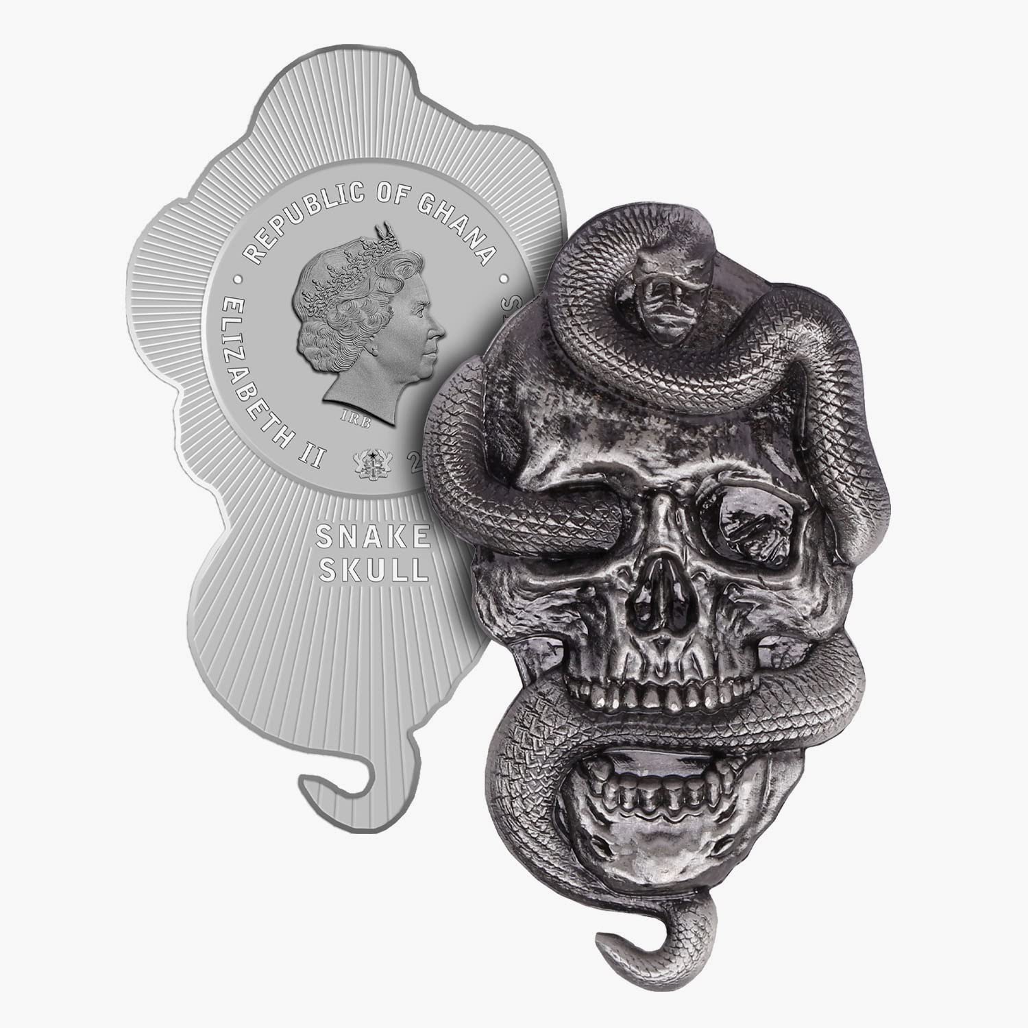 The Koin ClubSnake Skull 3D Antique Silver Plated Limited Edition Ghana 2022 2 Cedis