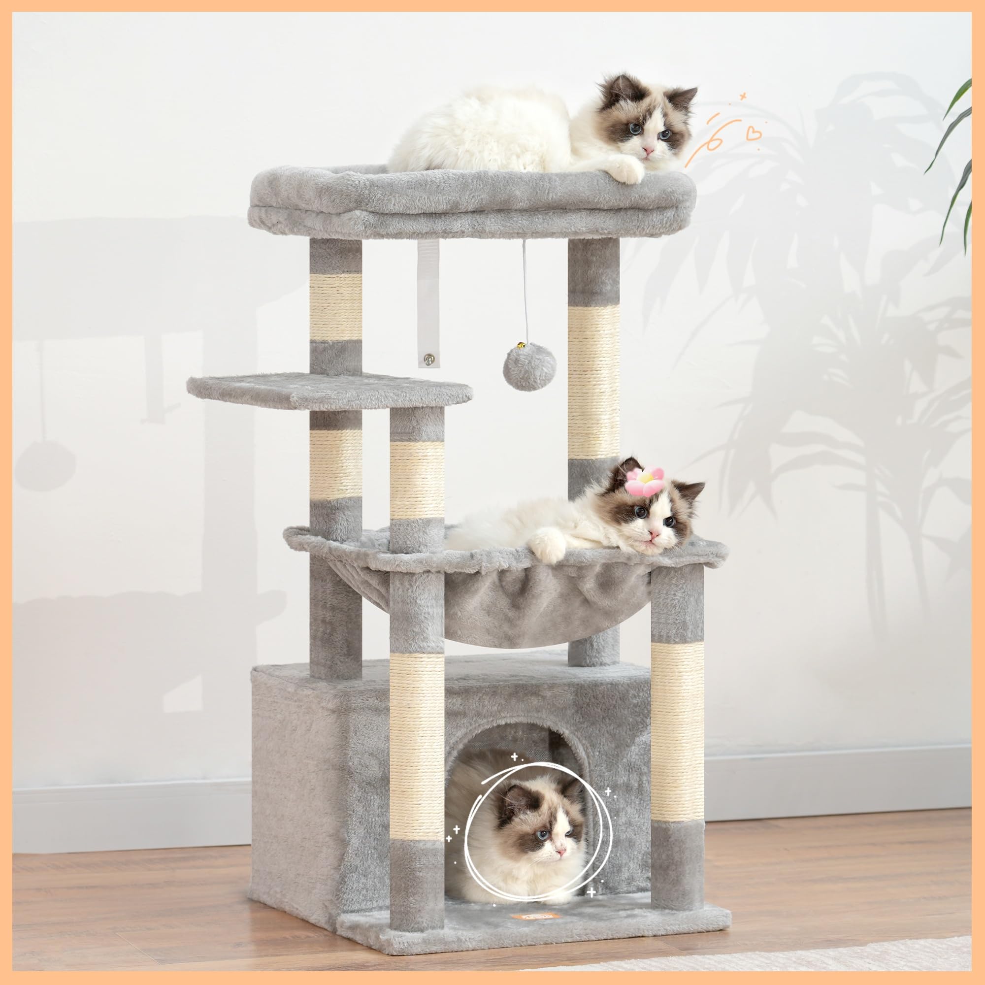 Heybly Arbre À Chat, Arbre À Chat avec Très Grand Panier pour Matou, Bois À Matou avec Lit Spacieux pour Matou Et Couchette Cachée, et Balle en Peluche, Gris Clair HCT008SW