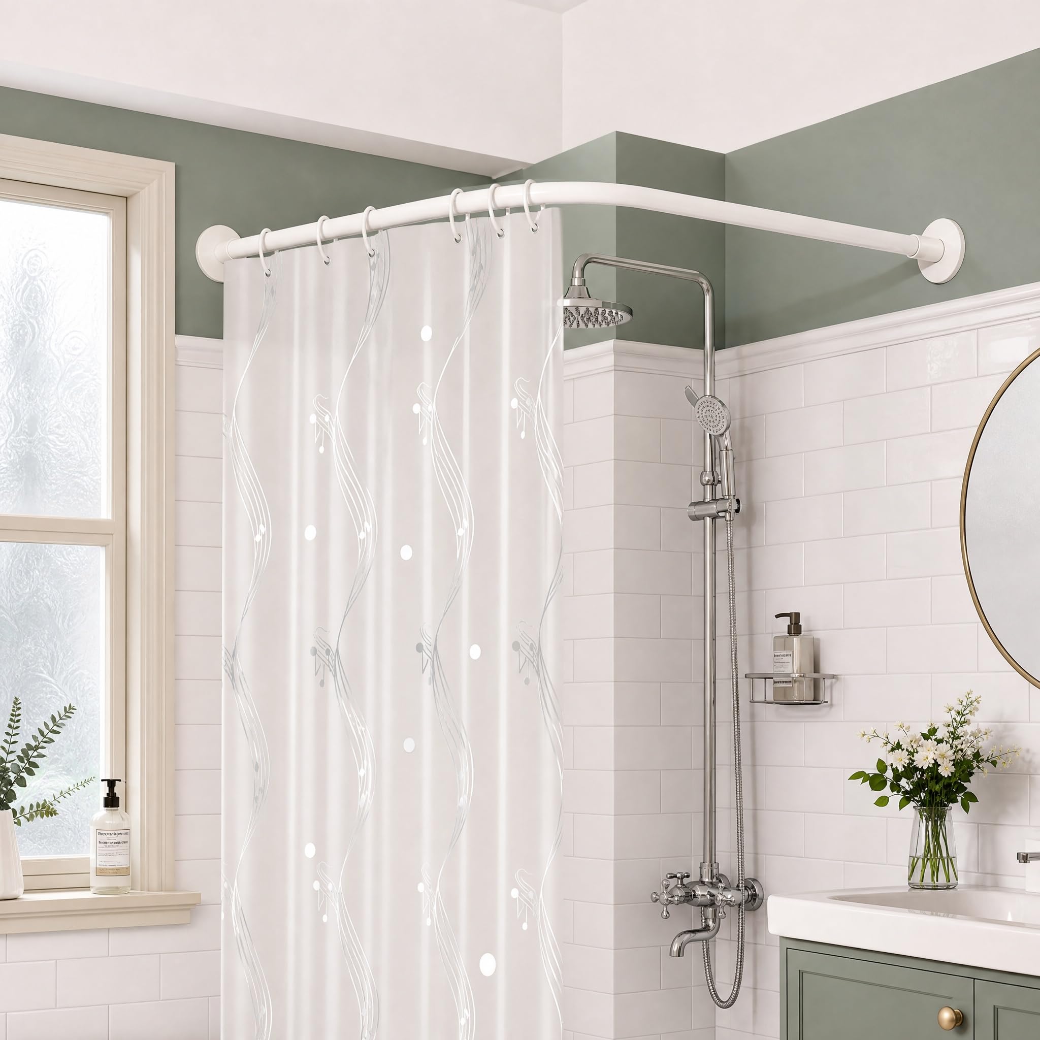 L Shaped Shower Curtain Pole Extendable No Drill, Adjustable White Corner Shower Curtain Rod, Stainless Steel Arched Curved Shower Curtain Rail, For Bathroom, Bat(Size:A 70-95m x 70-95cm,Color:White)