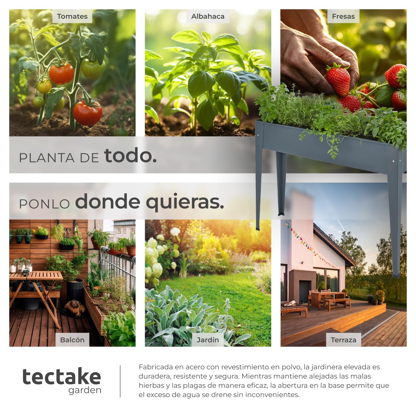 tectake® Jardinera Rectangular 98,5 x 26 x 82,5 cm, Jardineras Exteriores con Patas, Jardin Vertical, Maceteros Exterior, Jardinera Vertical, Macetero con Drenaje, Huerto Urbano Exterior - Antracita