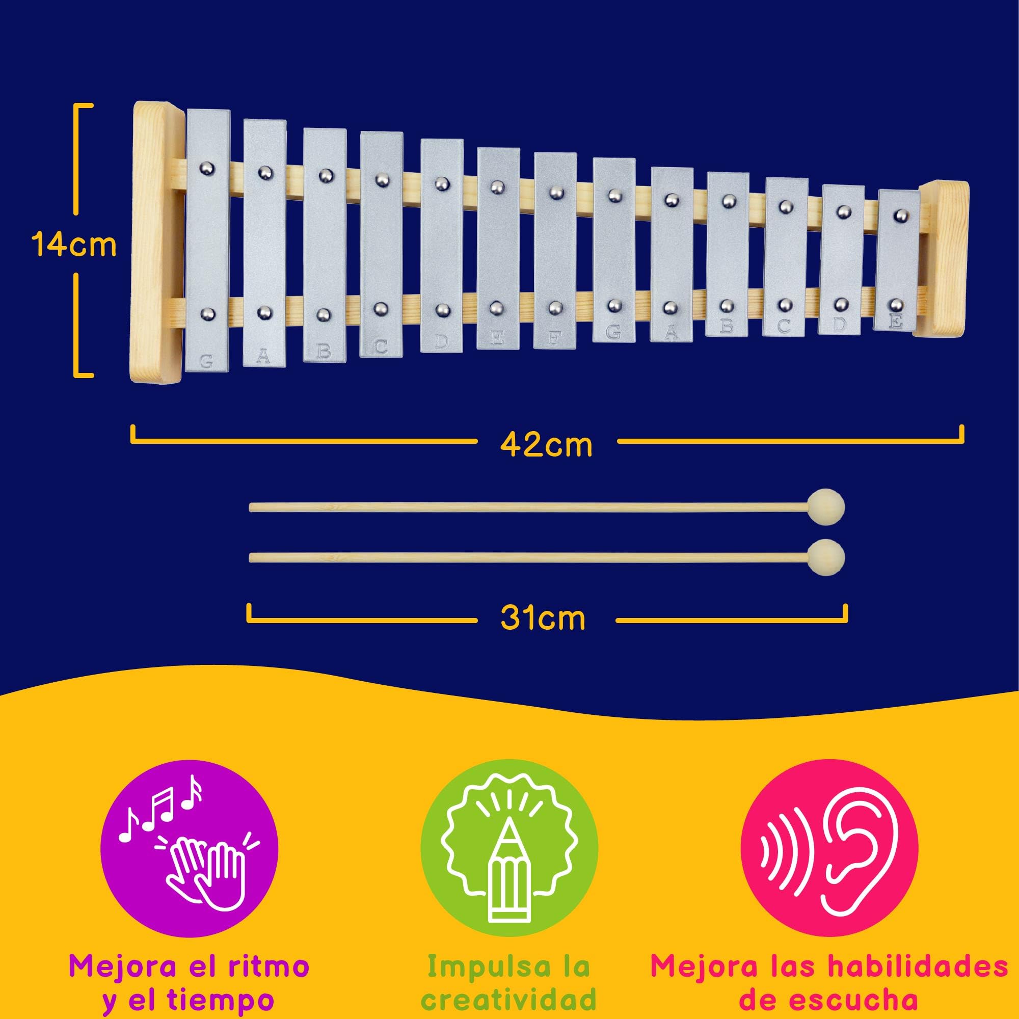 A-Star Xilófono soprano Glockenspiel de 13 notas con llaves plateadas y dos batidores de madera - Diatónico 2 octavas G5 a E6