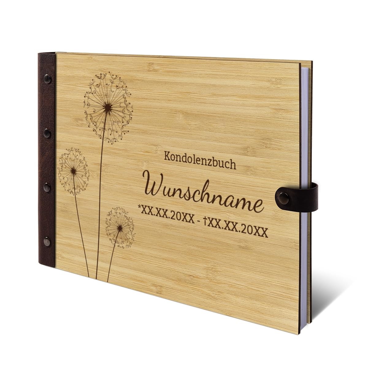 Kartenmachen.de Personalisiertes Kondolenzbuch echtes Holz DIN A4 Gästebuch mit Lasergravur - Pusteblume - mit 72 Blatt / 144 Seiten Naturpapier Weiß