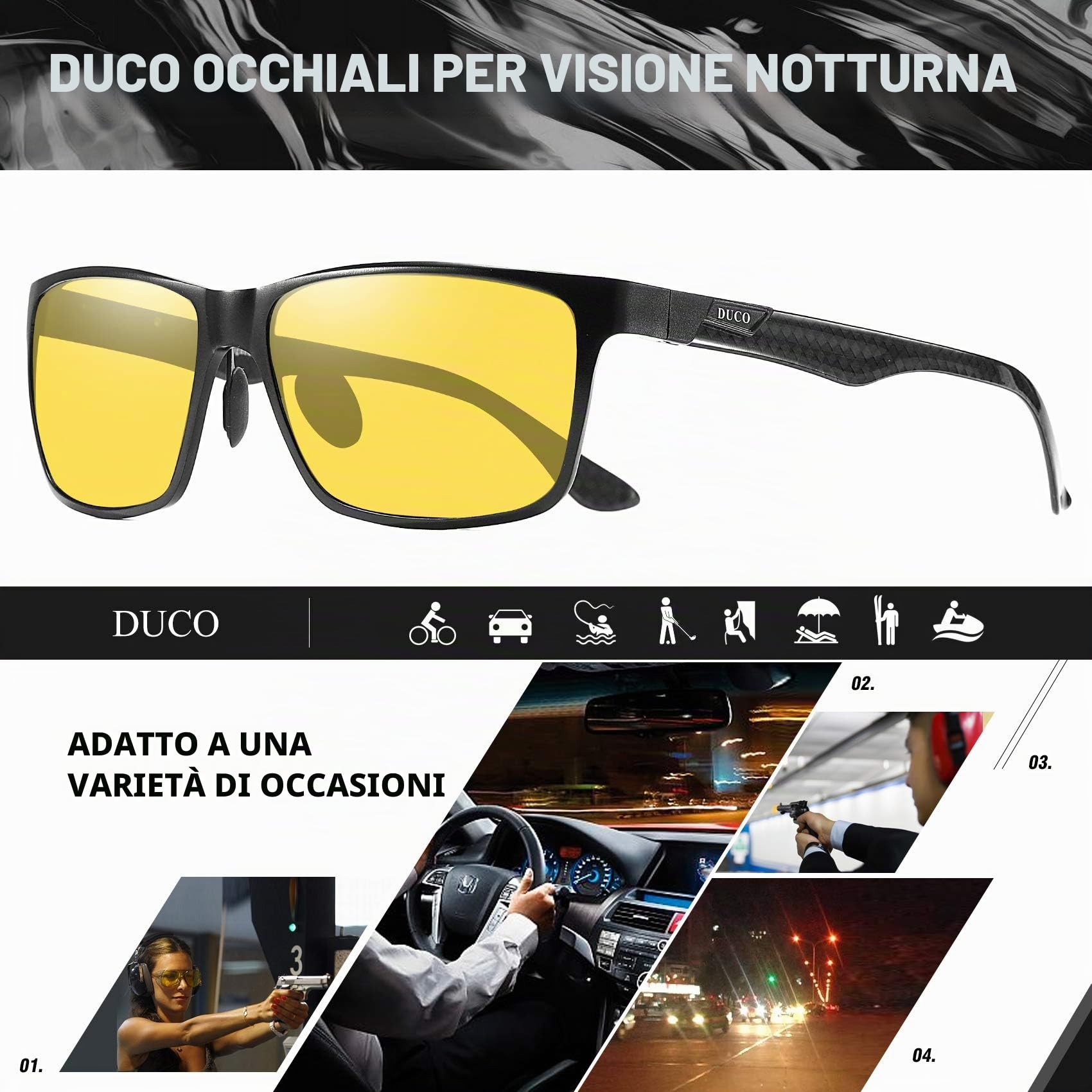 DUCO Occhiali da guida notturni per uomo e donna con occhiali per visione notturna con telaio in fibra di carbonio. Occhiali polarizzati a contrasto anti-riflesso 8206