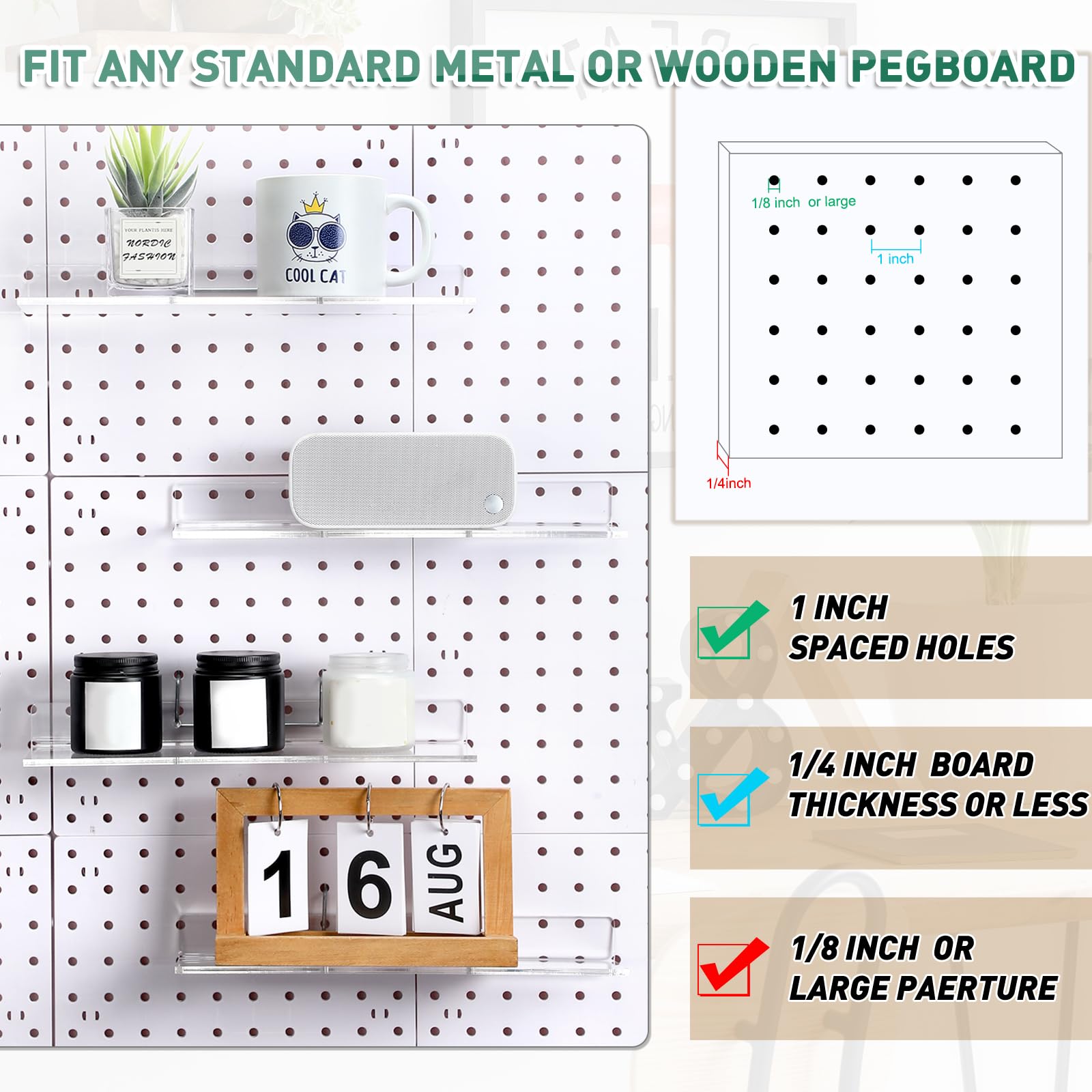 Lounsweer Juego de 4 estantes de acrílico transparente con ganchos de metal, organizador de tablero de clavijas, accesorios en forma de U, estante de almacenamiento para pared, sala de manualidades,