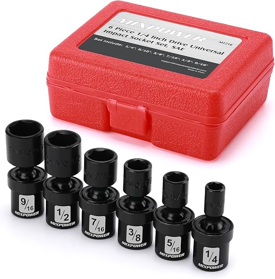 MIXPOWER 6PCS 1/4 Drive SAE Shallow Universal Impact Socket Set, 1/4 - 9/16, Swivel Socket with Flexible Wobble, CR-MO