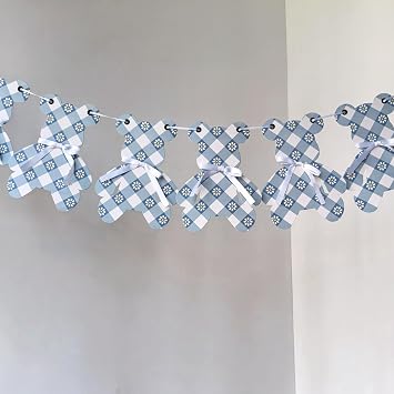 Pre-Strung Gingham We Can Bearly Wait Banner| Blue Plaid Teddy Bear Banner with Eyelets for Easy Adjustment & Removable Satin Bow for Baby Shower, 1st Birthday, Nursery, Decoration