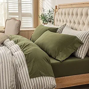 PURE ERA Jersey Knit 4pc Bed Sheet Set 100% T-Shirt Cotton Super Soft Comfy Breathable Fits Mattress Up to 20" Extra Deep Pocket (Solid Olive Green, Cal King)