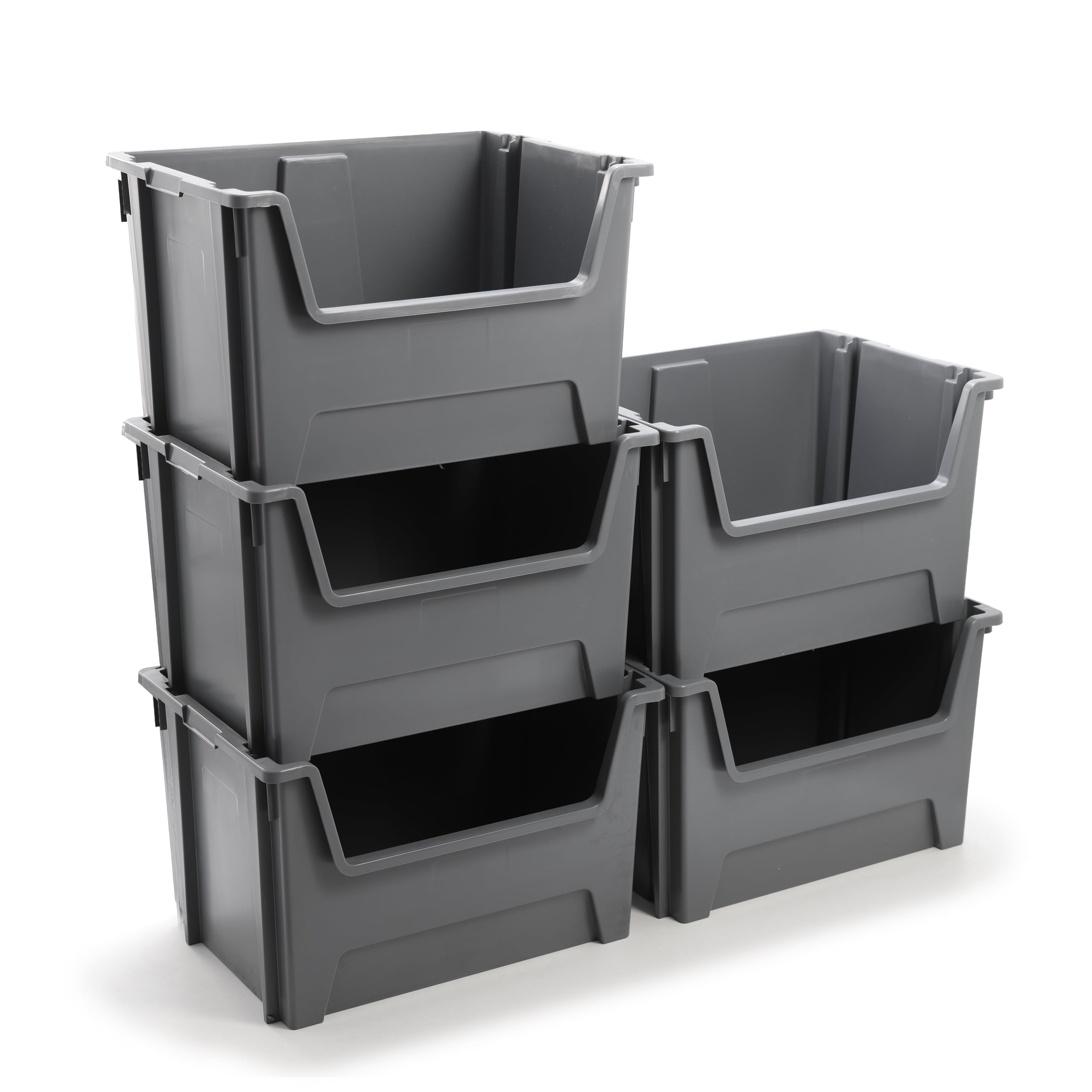BiGDUG Essentials Large Stacking Pick Bin - 400H x 650W x 455D mm - 75L Capacity Plastic Storage Boxes (Grey, Pack of 5)