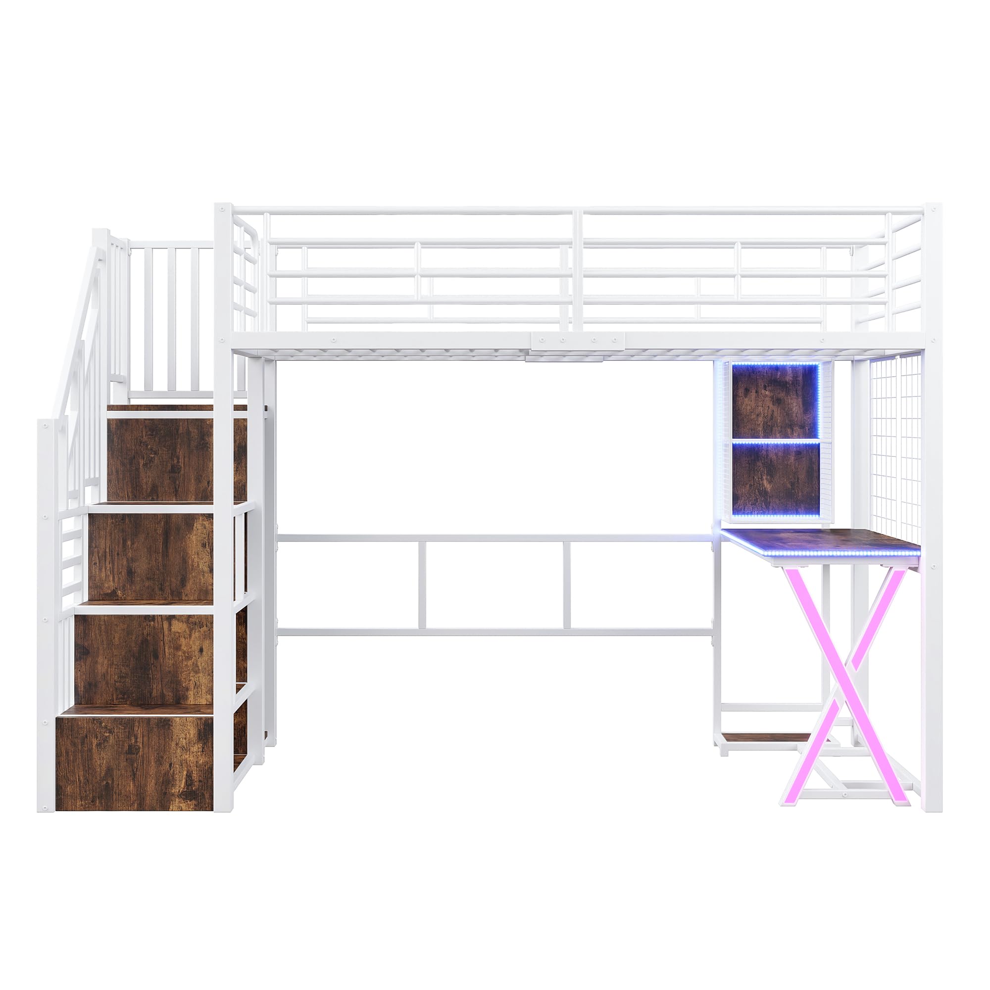 Hochbett, 90x200, Mit LED-Leuchten, Ablageleiter, Schreibtisch, Kleiderschrank, Regale, ohne Matratze, Weiß
