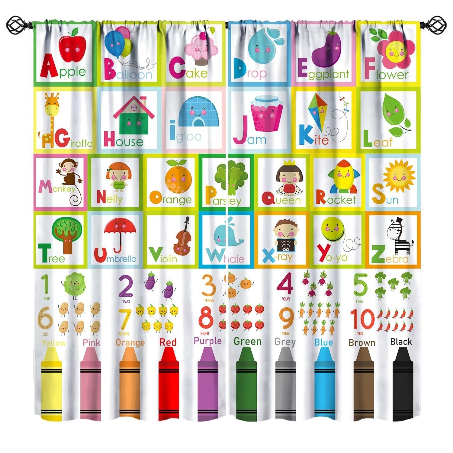Mchenxin Alphabet ABC Curtains, Cartoon Animal Fruit Curtain Kids Educational Learning Alphabet Tool Window Treatments for Boys Girls Bedroom Living