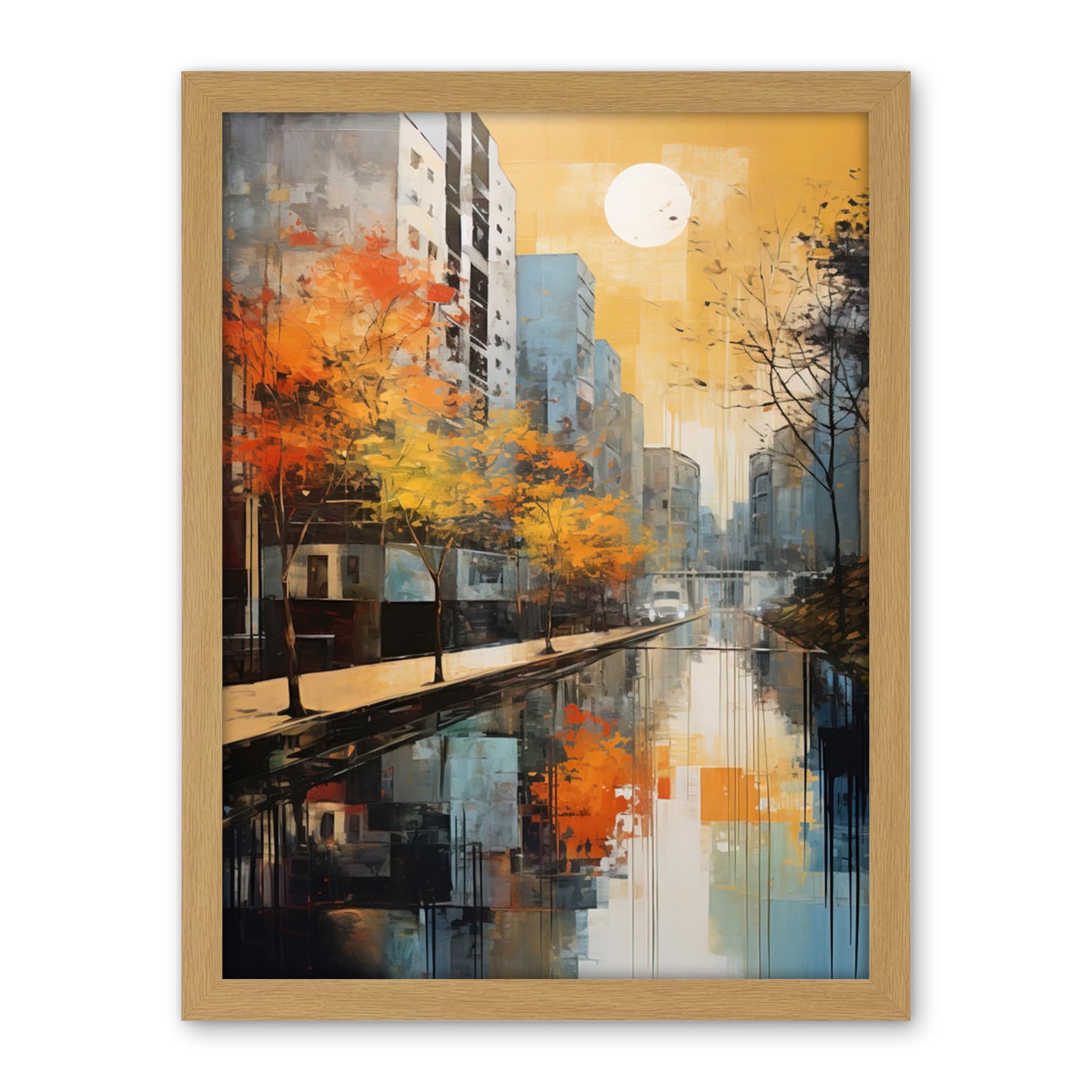 Artery8 Cityscape River Canal Oil Painting Blue Orange Trees Autumn in the City Artwork Framed Wall Art Print 18X24 Inch